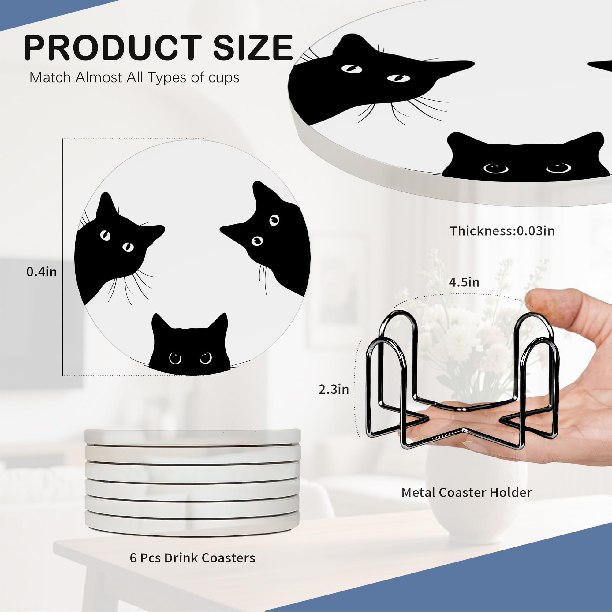 Cute Black Cat Set of 6 Coasters Absorbent Ceramic Drink Mats with Cork Base & Metal Holder, Spill Protectors for Mugs/Cups - Image 4