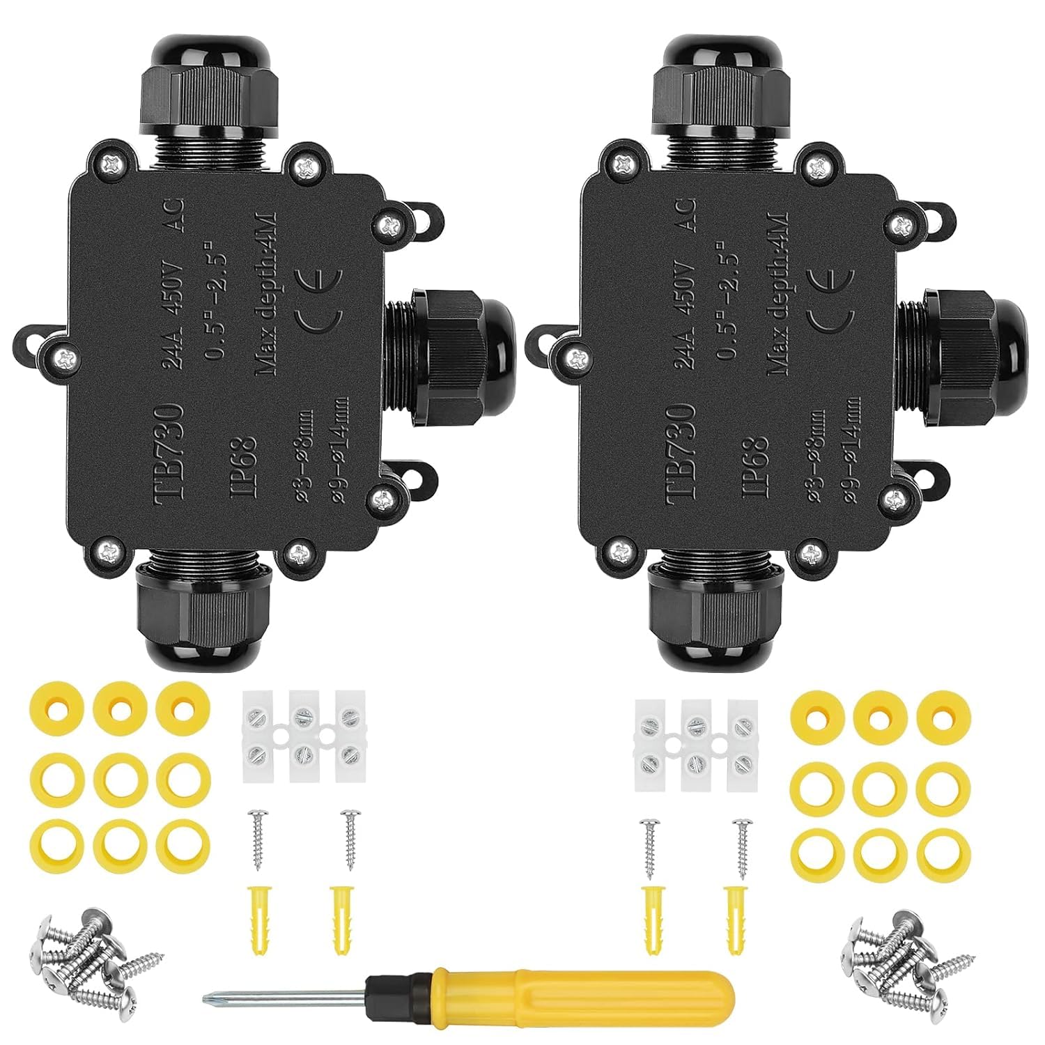 2pcs IP68 waterproof junction box, 3 way outdoor electrical connector, outer sleeve protection box