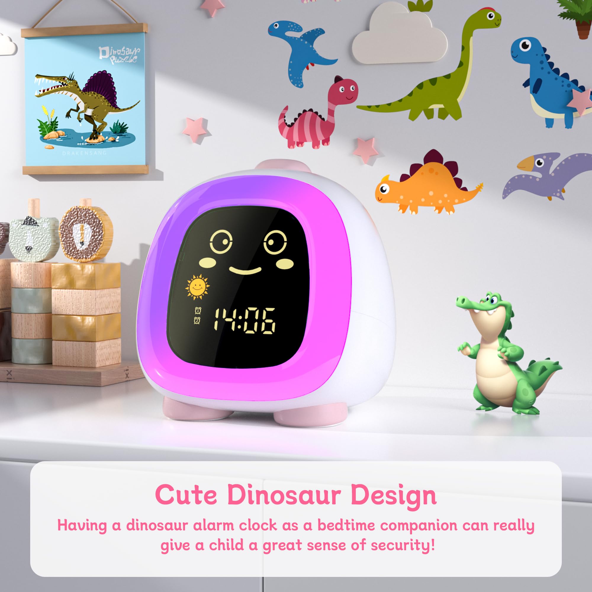 ANALOI Jolie horloge pour enfants, veilleuse pour enfants avec mode répétition, minuterie de sommeil, double alarme, entraînement au sommeil, 3 luminosités, veilleuse 10 couleurs, volume réglable,
