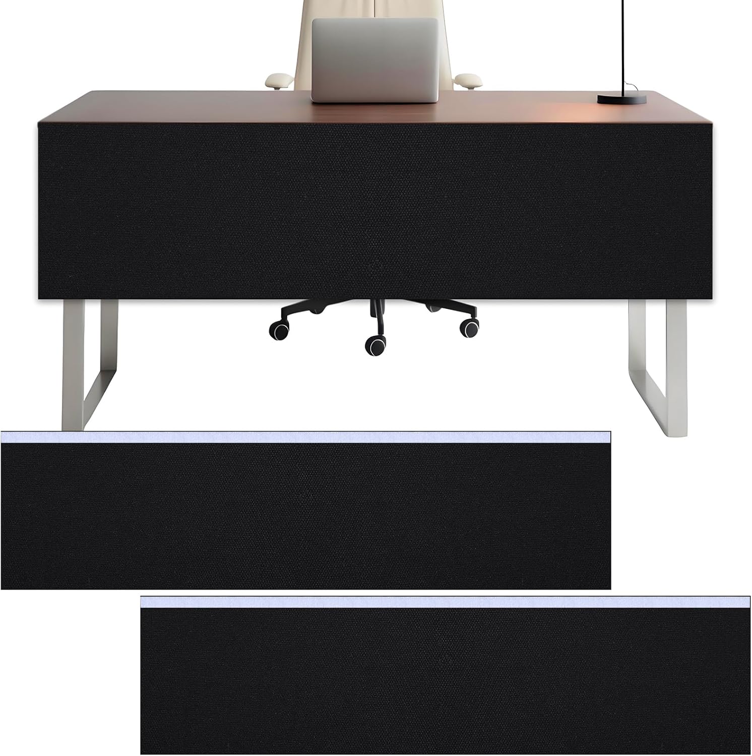 Under Desk Privacy Panel, 62"x15" Self-Adhesive Modesty Screen, Heavy Duty Canvas Skirt for Easy Privacy on Sit-Stand Desks in Home Studio & Office, Black (2-Pack)