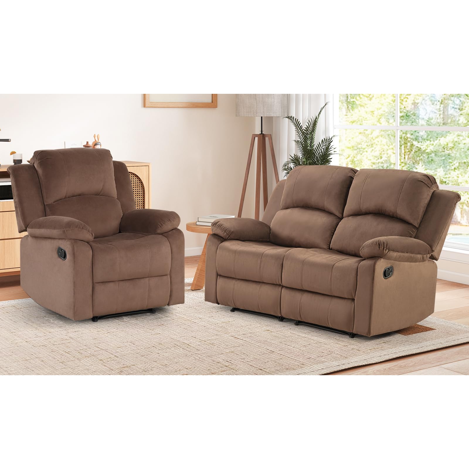 EBELLO Manual Reclining Couch Set for Living Room, Include 1 Recliner Chair, 1 Loveseat Sofa, Recliner Sofa Furniture Set for Home and Office, Brown view 8