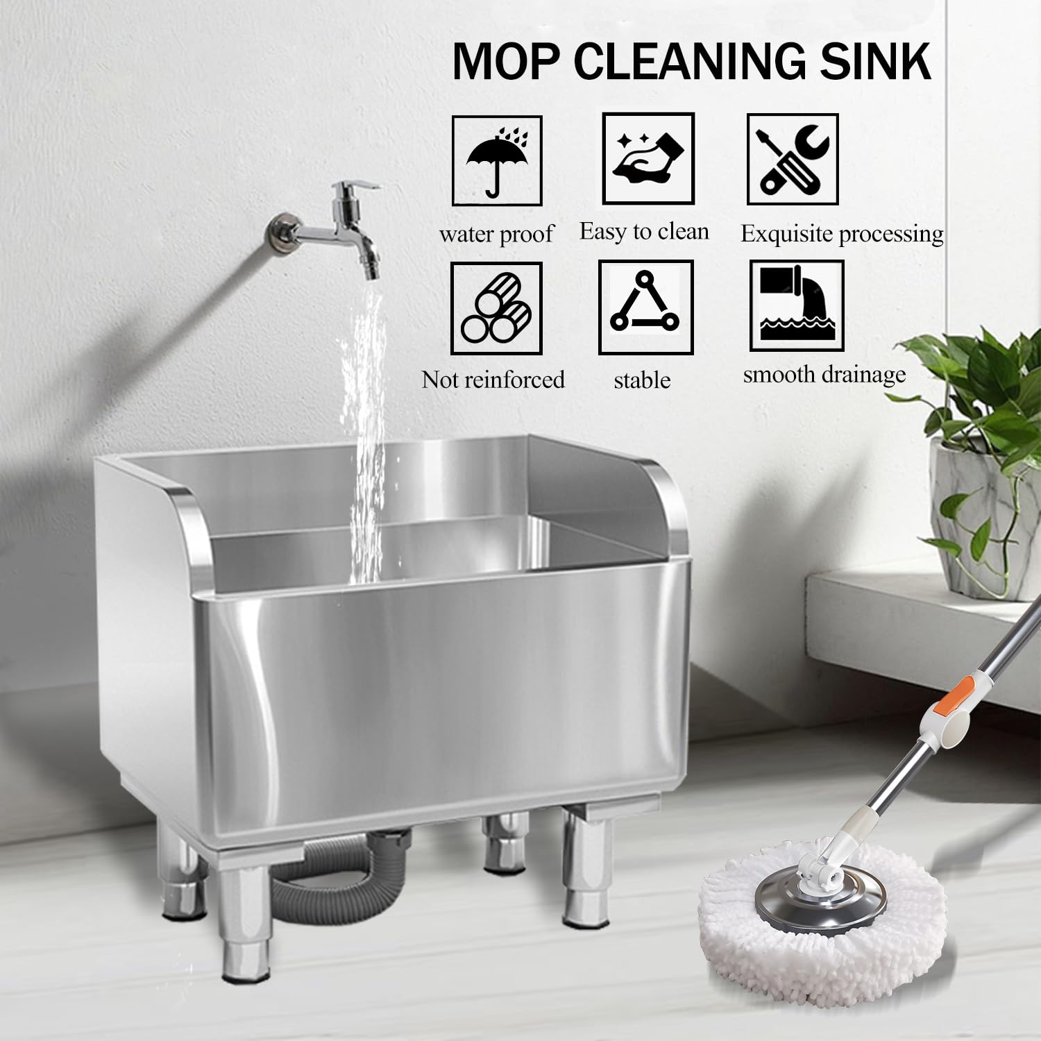 Stainless Steel Floor Mop Sink - Mounted Mop Service Basin for Commercial Use (23.6'16.1'21.6')