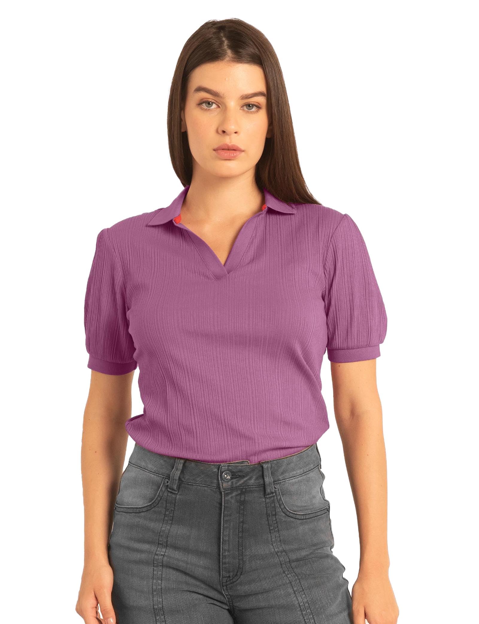 Enorsia Womens Puff Sleeve Polo Shirt with Ribbed Collar, Sleeve Cuffs, V-Shaped Neck Opening and Super Soft Variegated Rib Fabric (Purple, 14)