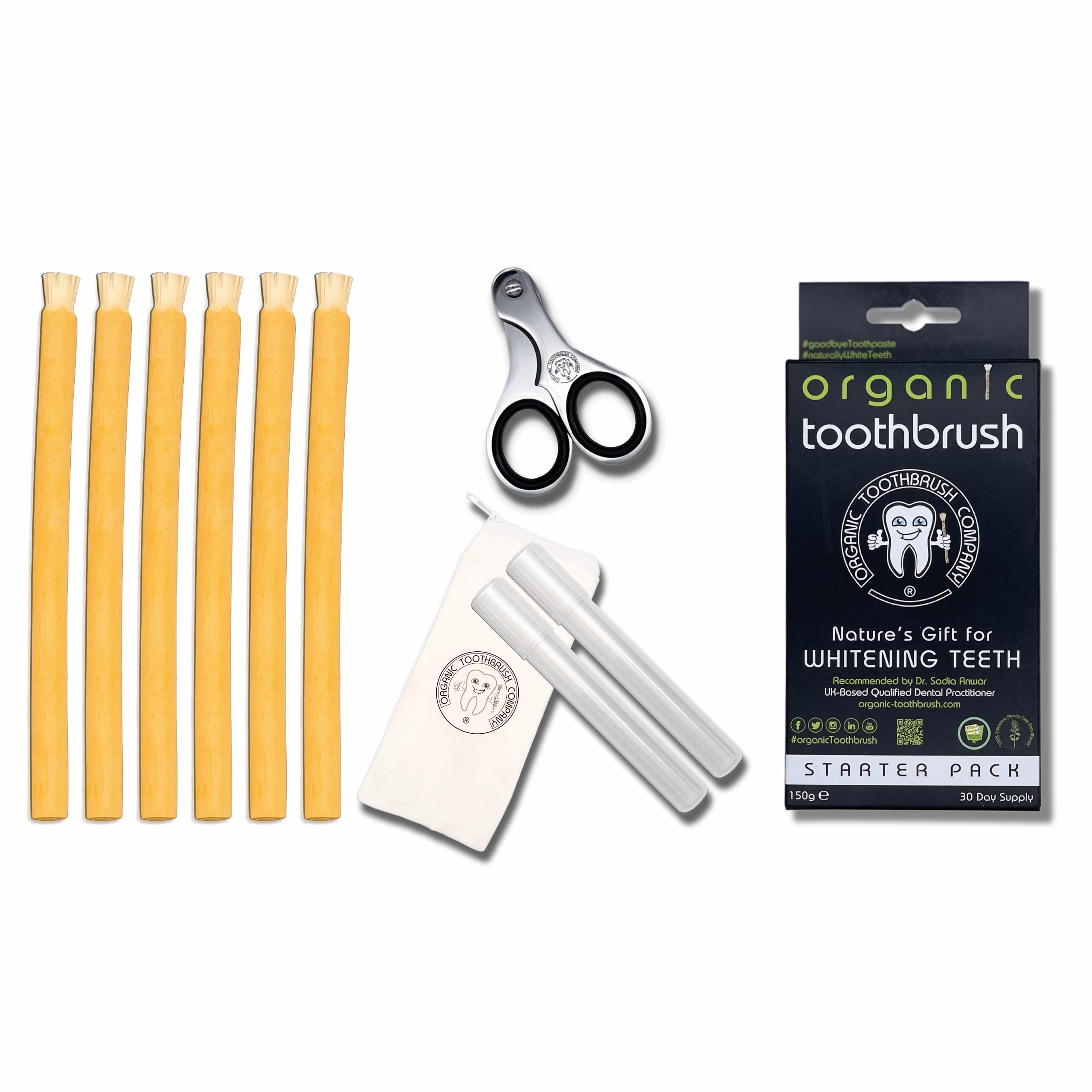 Organic Toothbrush Starter Pack - Miswak Natural Teeth Whitening Kit - 6 Vegan Miswaks, 2 Holders, Cutter & Travel Pouch - Biodegradable Siwak Sticks - Combats Plaque - Salvadora Persica Root