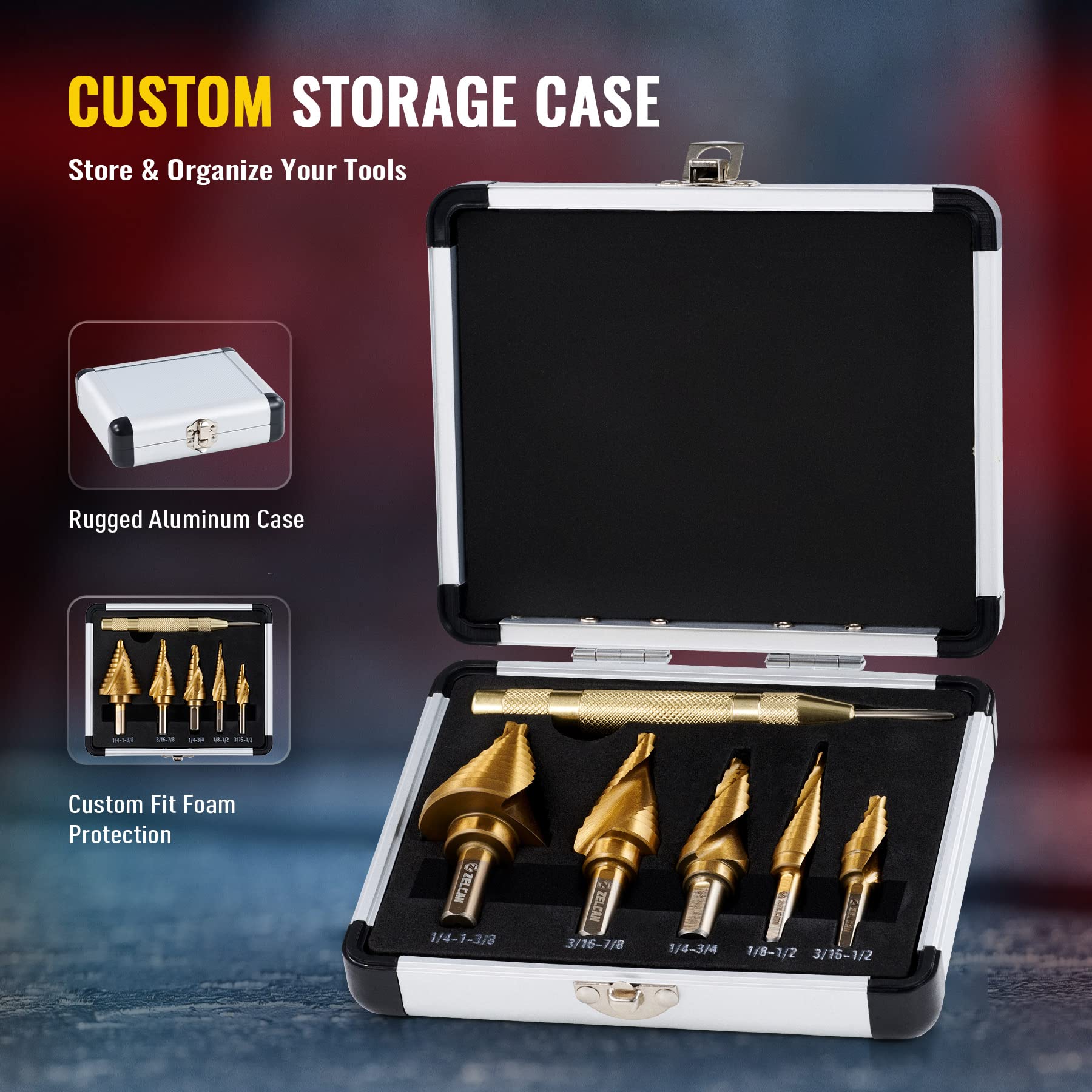 ZELCAN Step Bits for Metal, Step Drill Bit Set 5PCS Titanium, Spiral Grooved with Automatic Center Punch, Step Drill Bit for Metal with Aluminum Case, Multiple Hole Step Bit for DIY Lovers