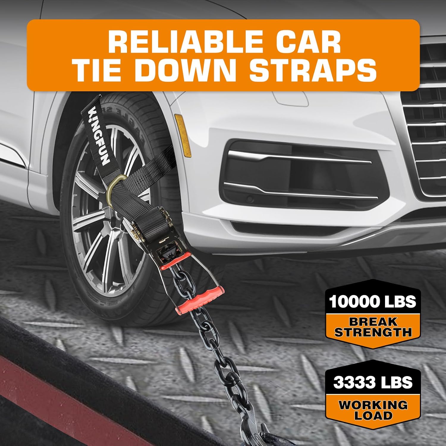 Kingfun Car Tie Down Straps for Trailers 4 Pack Lasso Straps - 2" x 120" Heavy Duty Trailer Strap, 10,000 lb Break Strength, Over The Wheel for Car Hauler, Truck, UTV, Utility Trailers - Image 3