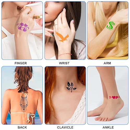 Miniatura 7 de Plantillas de tatuaje para niños y adultos – Kit de 16 hojas de henna con diseños pequeños y grandes para tatuajes reales – esqueleto, araña, búho,