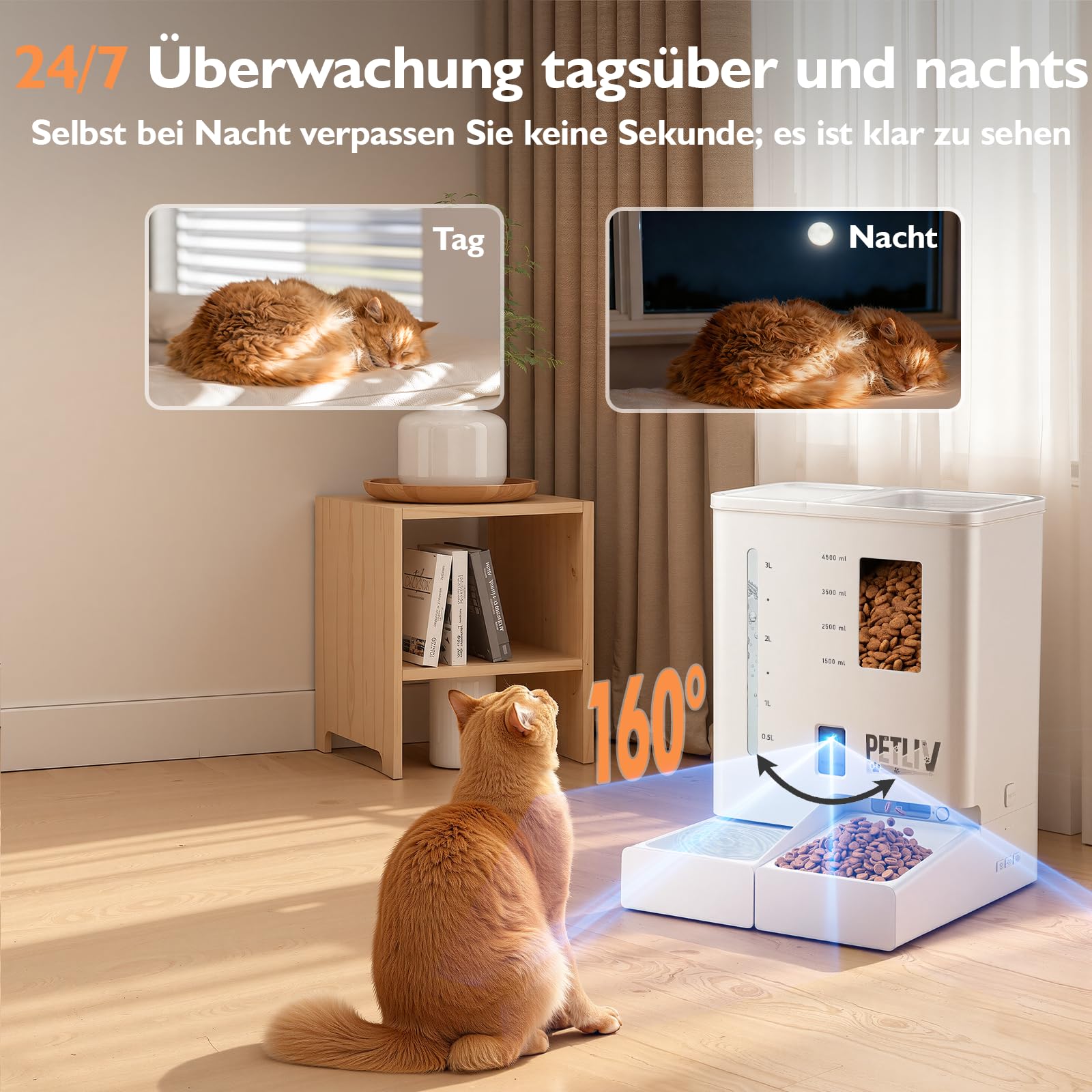Futterautomat Katze mit 2K HD Nachtsichtkamera, 2,4G&5G Dualband WLAN App-Steuerung, 5L Futter- &4L Wasserspender, Zwei-Wege-Audio, Doppelstromversorgung für Katzen und kleine Hunde