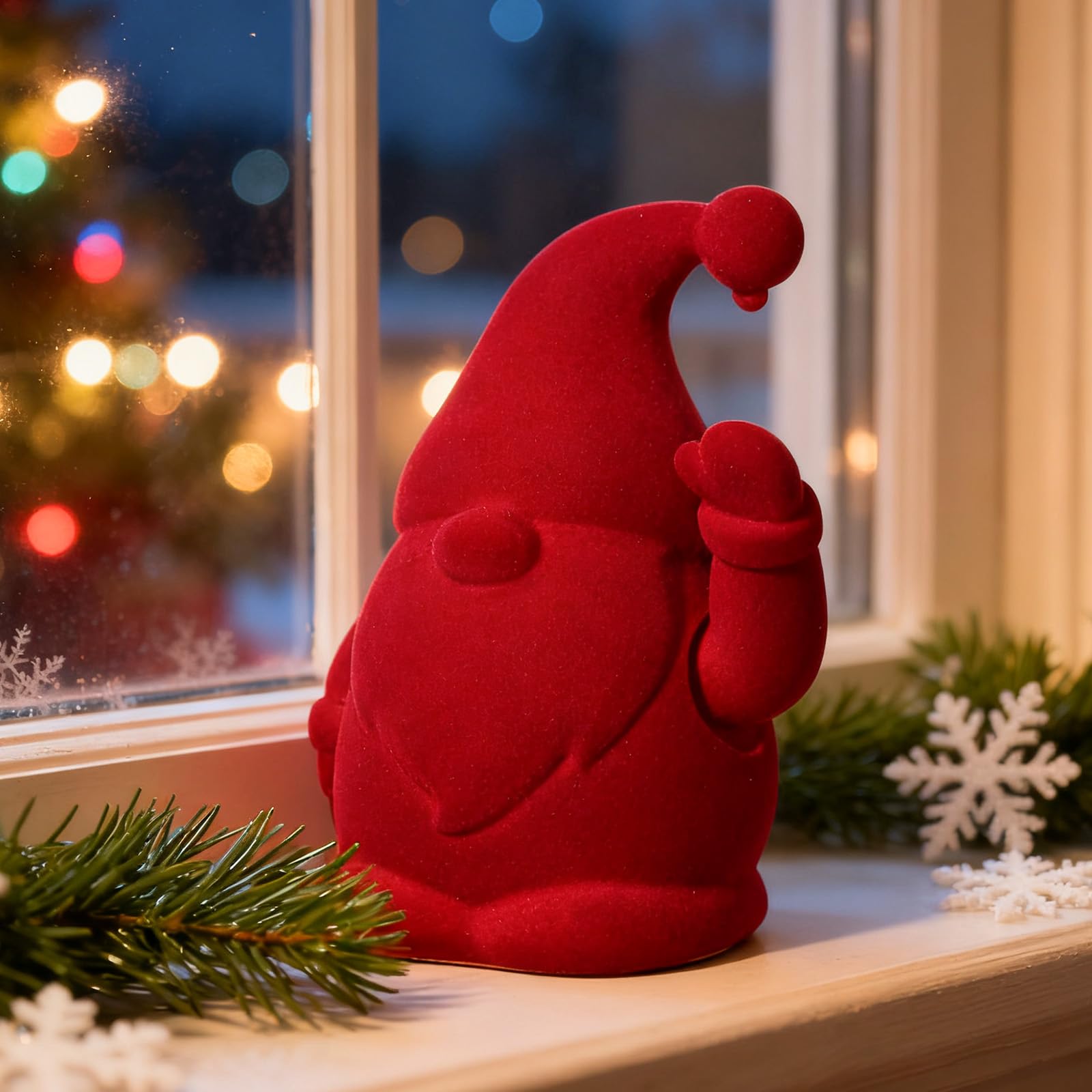 WDS WONDROUS Waving Arm Christmas Gnome, Flocked Santa Figure, Handmade Plastic Elf Moving Arm Decor for Home Office Shelf Tabletop Holiday Decoration (16.0 cm Red)