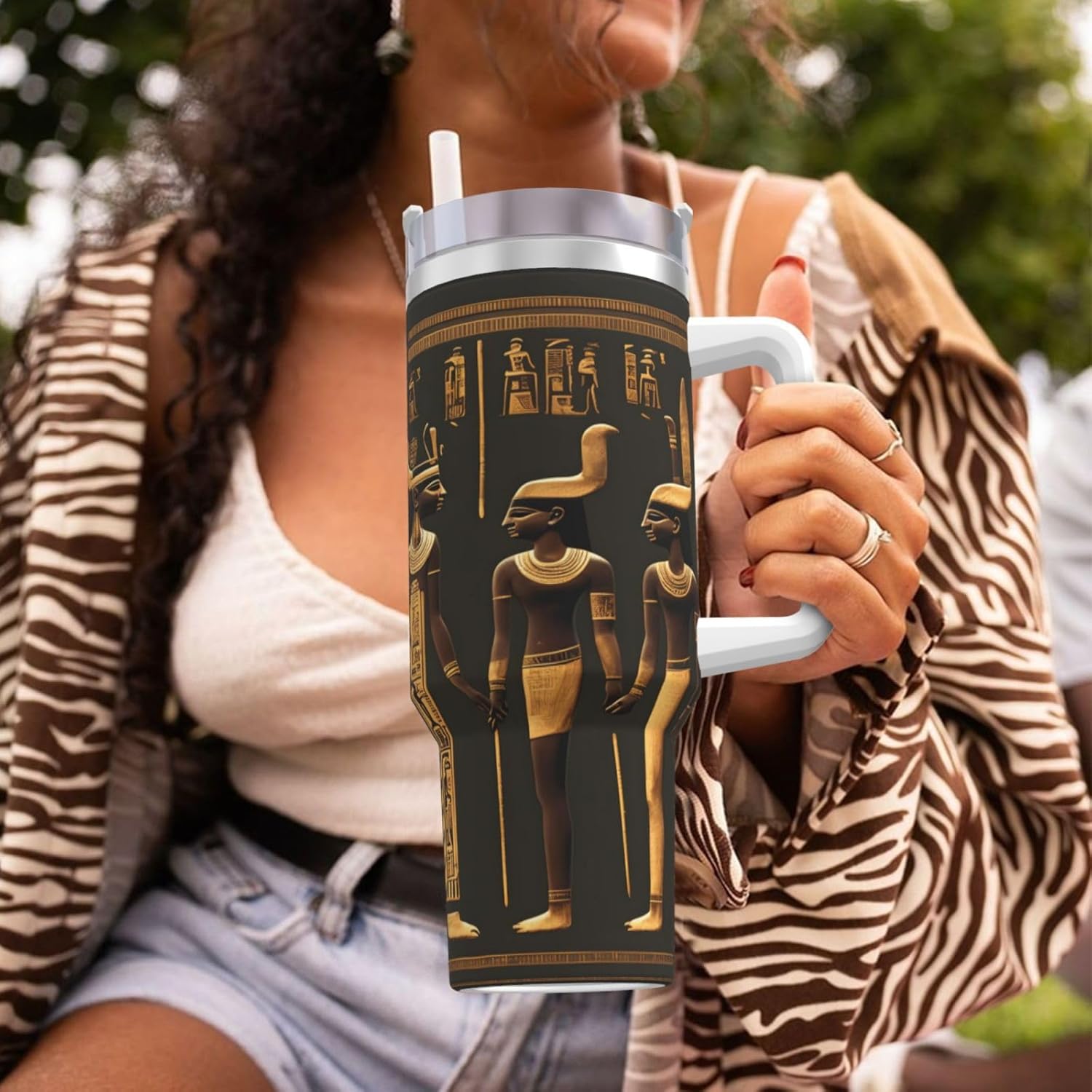 40 OZ Ancient Egyptian Hieroglyph Print Ice Bully Cup with Handle Straw Lid Straw,Stainless Steel Tumbler Coffee Cup