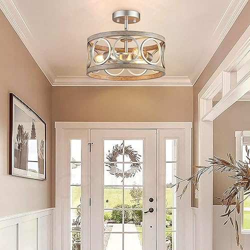 Miniatura 2 de Lámpara de techo de granja, lámpara de techo redonda de tambor moderna semiempotrada para cocina, dormitorio, comedor, sala de estar, candelabros