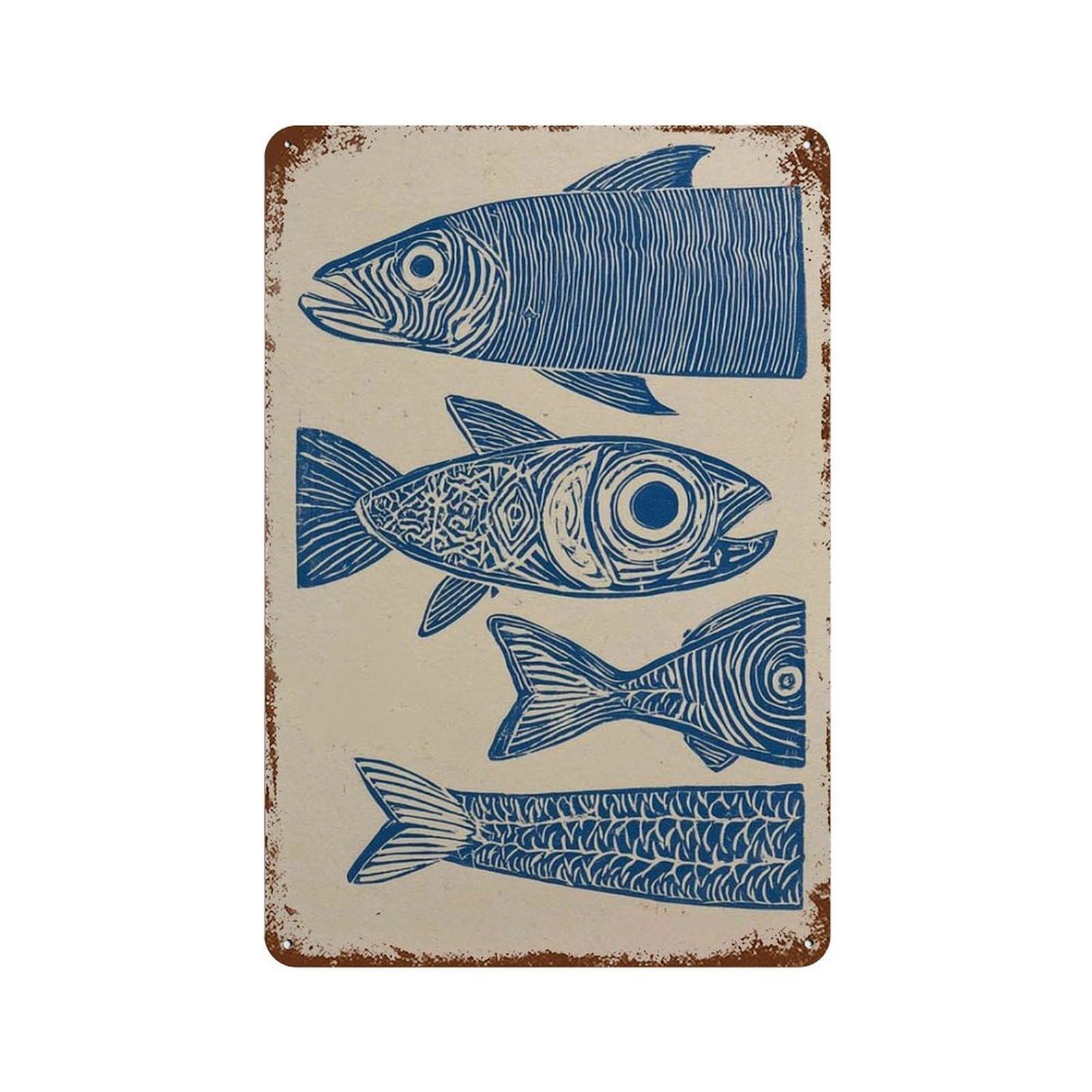 xiaoxiaoshen Fish Nautical Coastal Blue Linocut Style Modern Ocean Work Beach House Sea Life Wall Decor Art Metal Tin Poster Modern Home Decor Art Home Bar Shop Decorations Vintage Sign 30x20cm