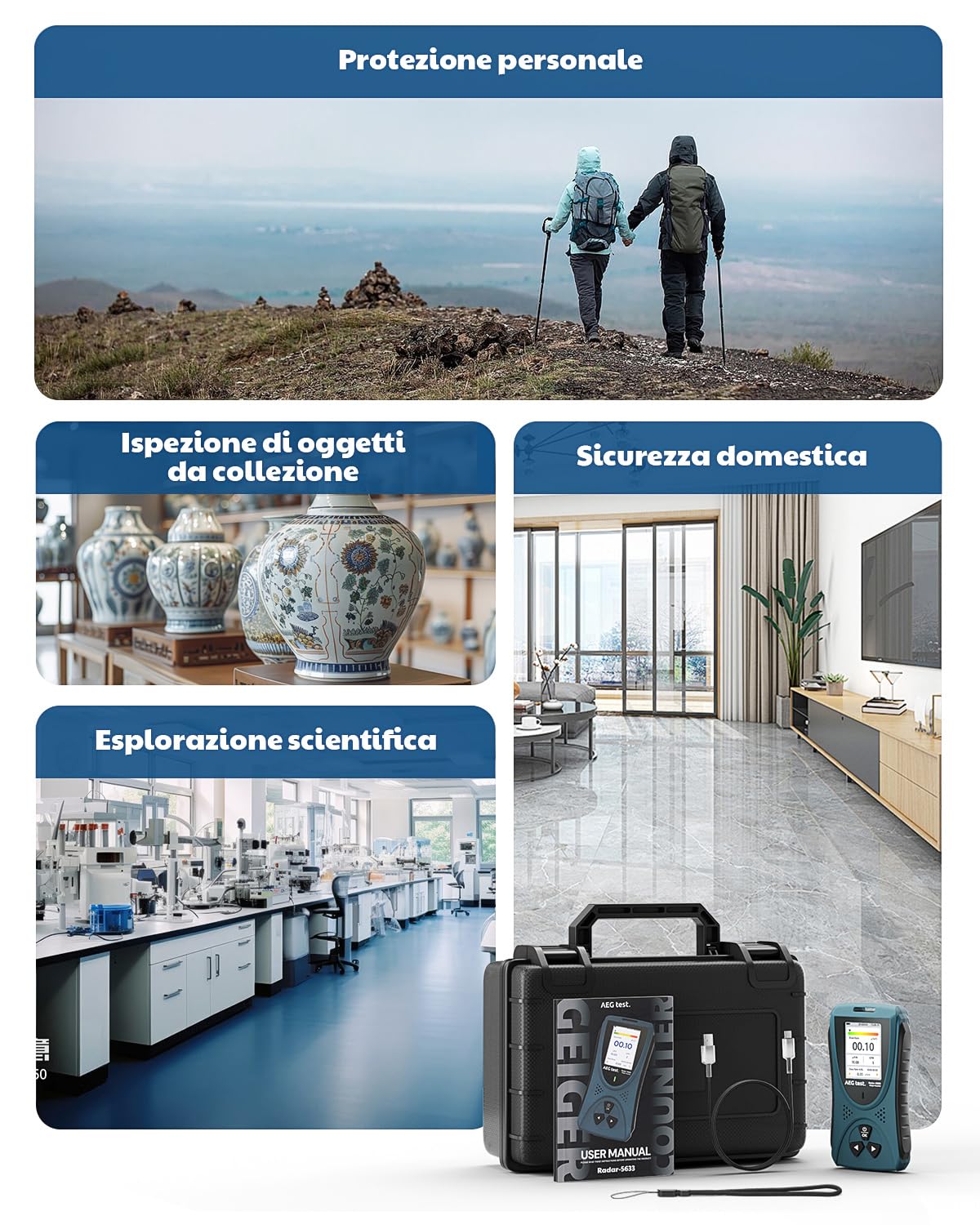 AEGTEST Contatore Geiger Radar-5633 Rilevatore Radiazioni Nucleari Schermo LCD Dosimetro Ricaricabile Beta Gamma X CPM μSv/h