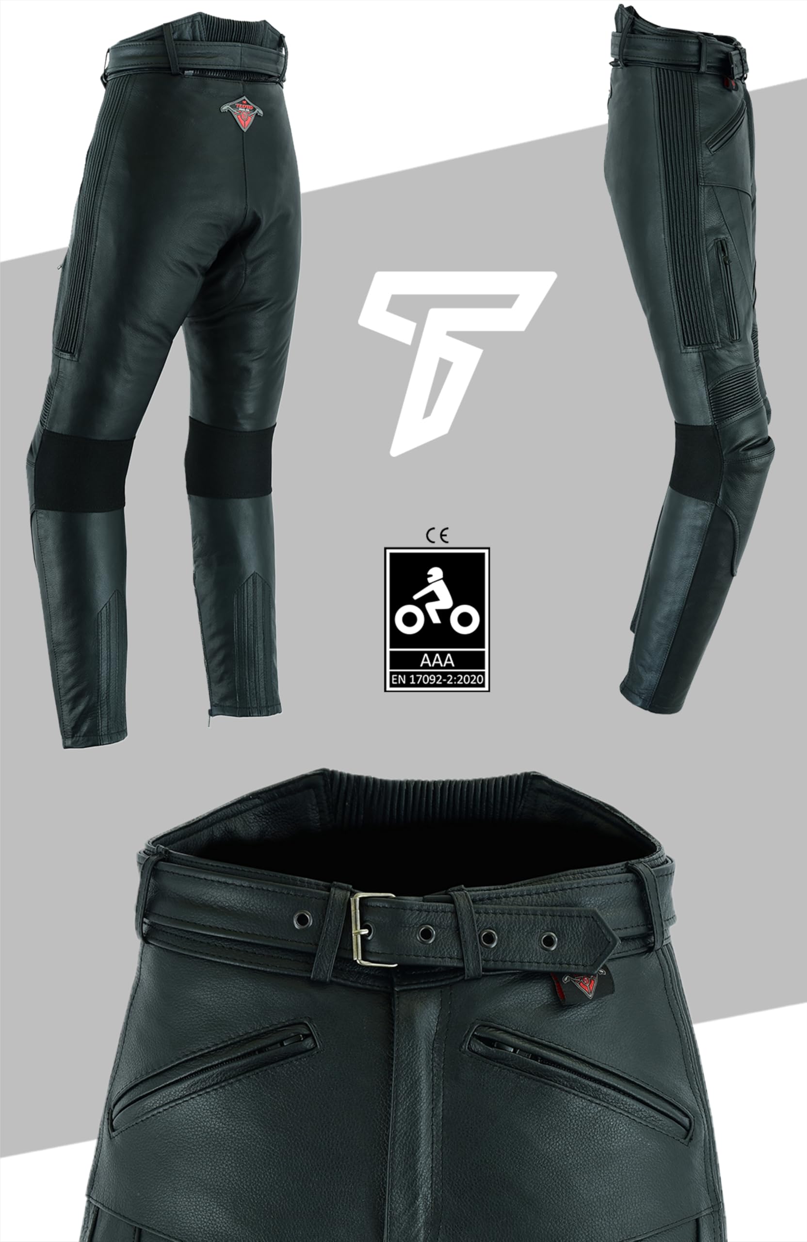 Pantalon Motard Cuir Noir Skintan, Taille 32 Pouces, Jambe 27 Pouces, Court, Avec Ceinture Ajustable, D'occasion