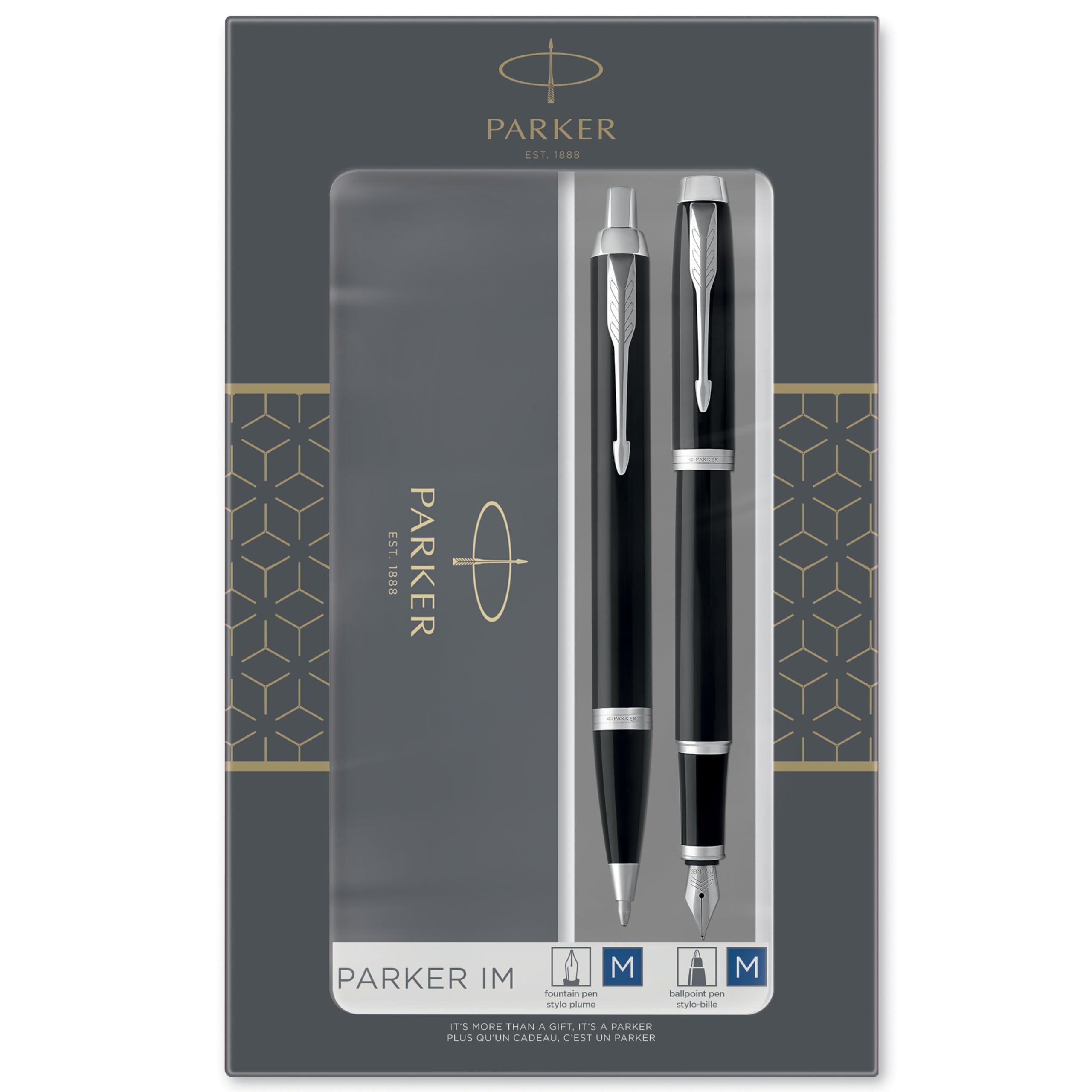 IM Duo Gift Set with Ballpoint Pen & Fountain Pen | Gloss Black with Chrome Trim | Blue Ink Refill & Cartridge | Gift Box