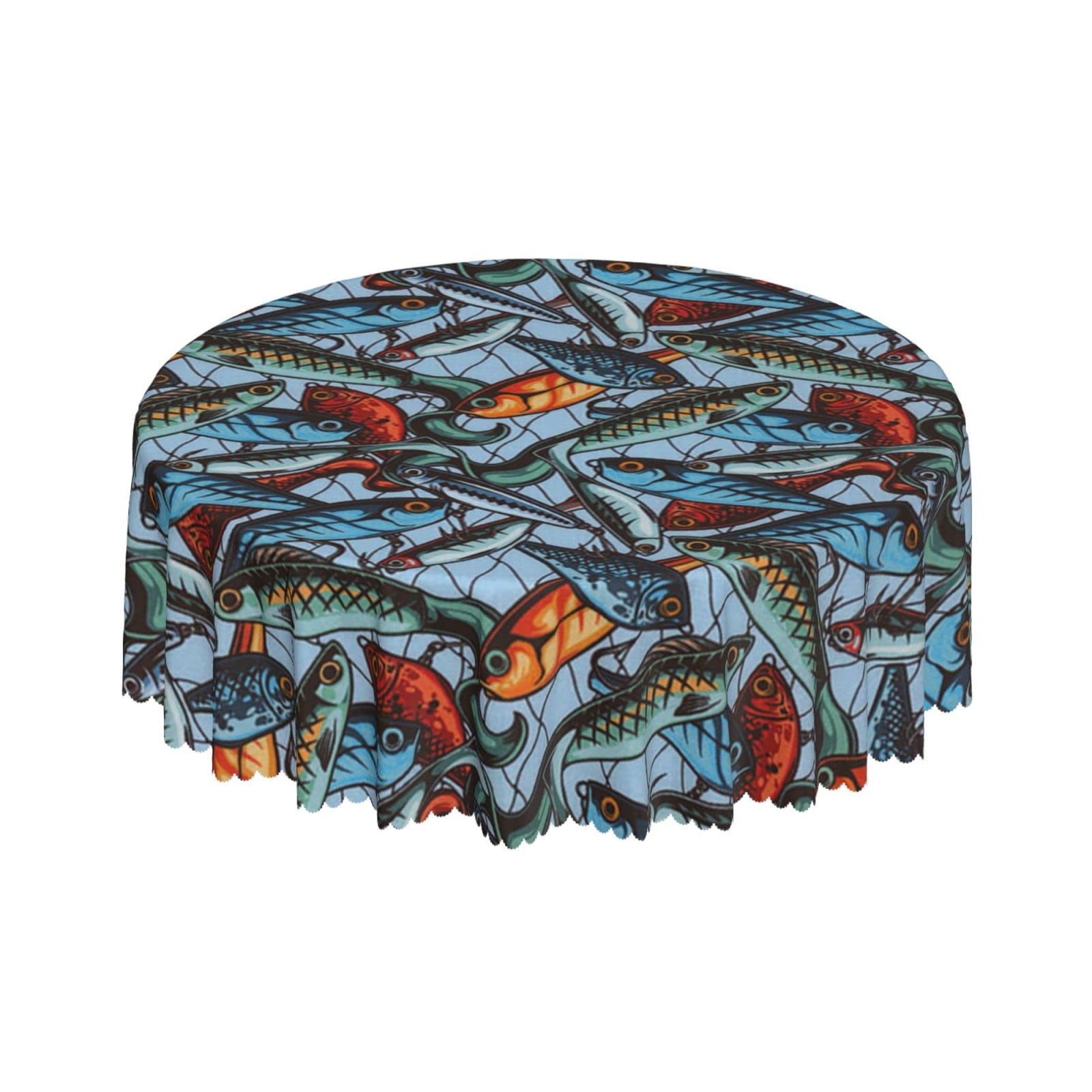 Lsjuee Fishing Lures Blues Round Tablecloth 60 Inch Printed Washable Tablecloth for Dining Party Holiday Fall Home Decorative