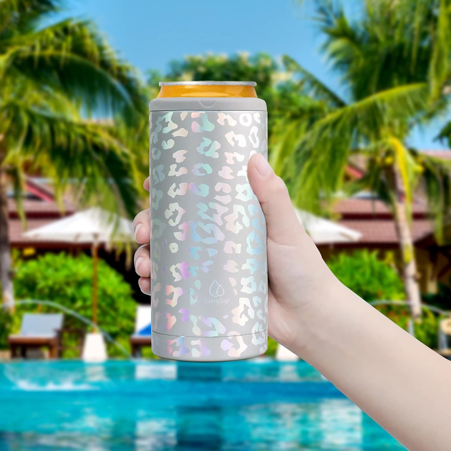 Swig Sip Skinny Can Cooler - Double Wall Stainless Steel Vacuum Insulated Can Holder for 12oz Slim Tall Beverage Bridesmaid Gift (Laser Leopard) - Image 6