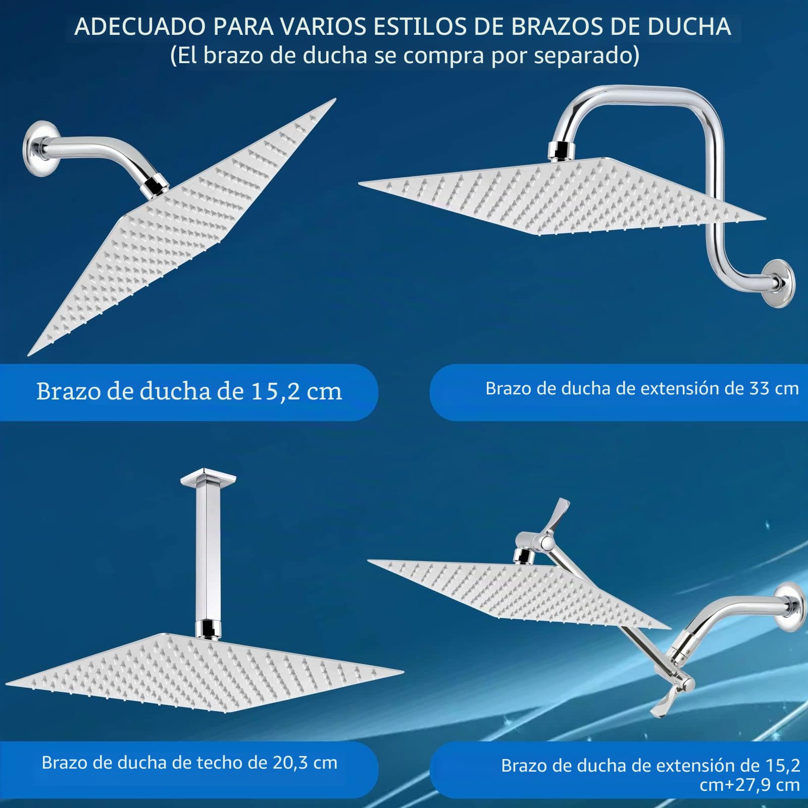 Cabezal de Ducha Lluvia de 20cm, Voolan Cabezal de Ducha Cuadrado de Alta Presión de Acero Inoxidable 304 Ducha Cómoda a Baja Presión de Agua Instalación en Pared o Techo (Cromo)