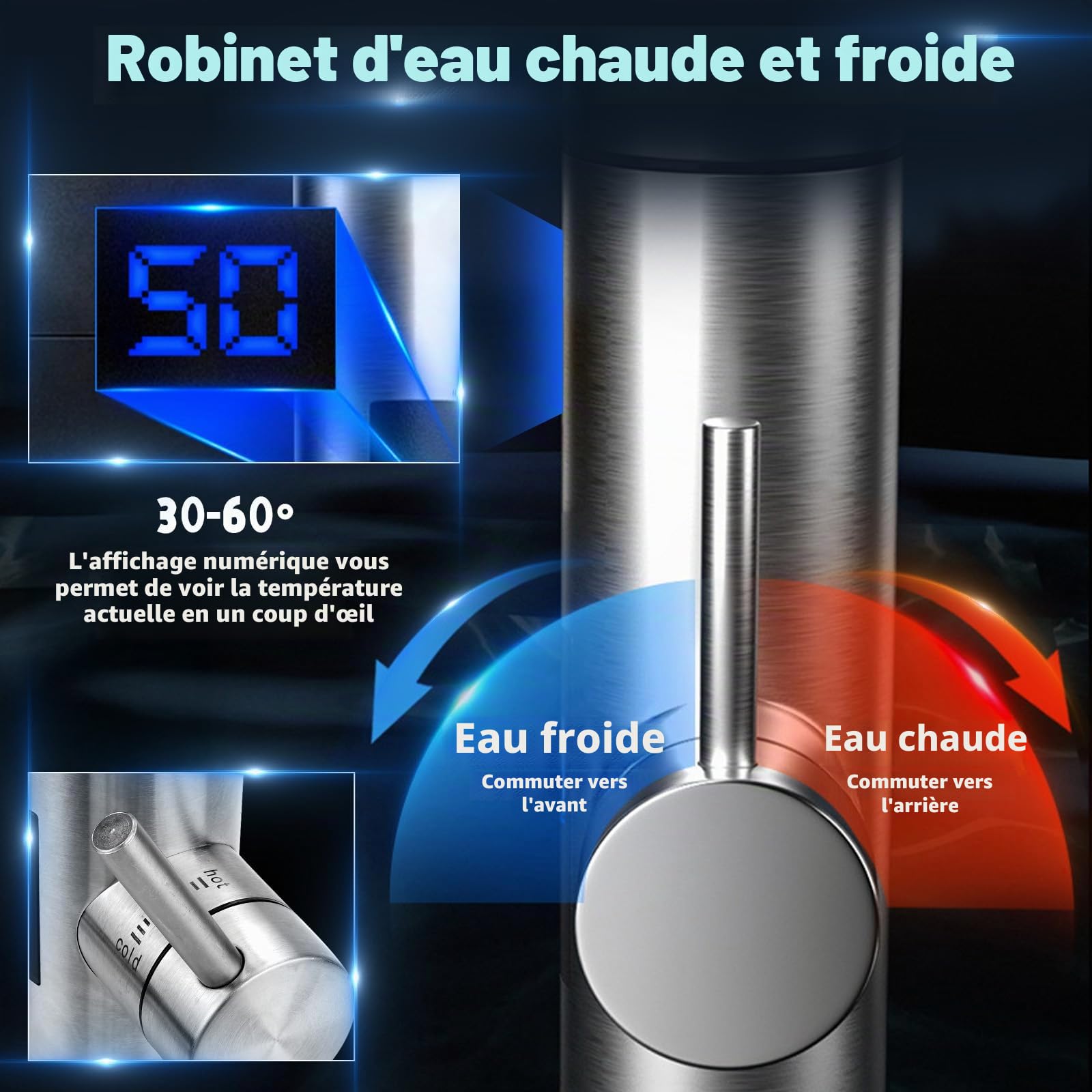 Robinet avec Chauffe-eau Instantané, 3000W Inoxydable Chauffe-eau Electrique, 360° Affichage de la Température LED, Chauffe-eau pour Cuisine et Salle de Bain pour Caravane de Jardin Potager, Max. 60℃