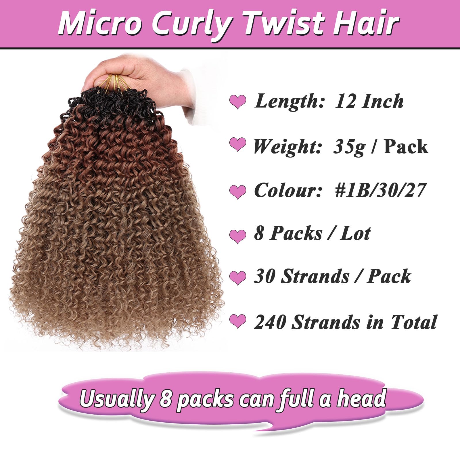 Samtress 8 Packs Micro Kinky Curly Crochet Hair 12 Inch Omber Pre Looped Micro Curly Twist Crochet Hair Synthetic for Black Women (#1B3027) - Image 2