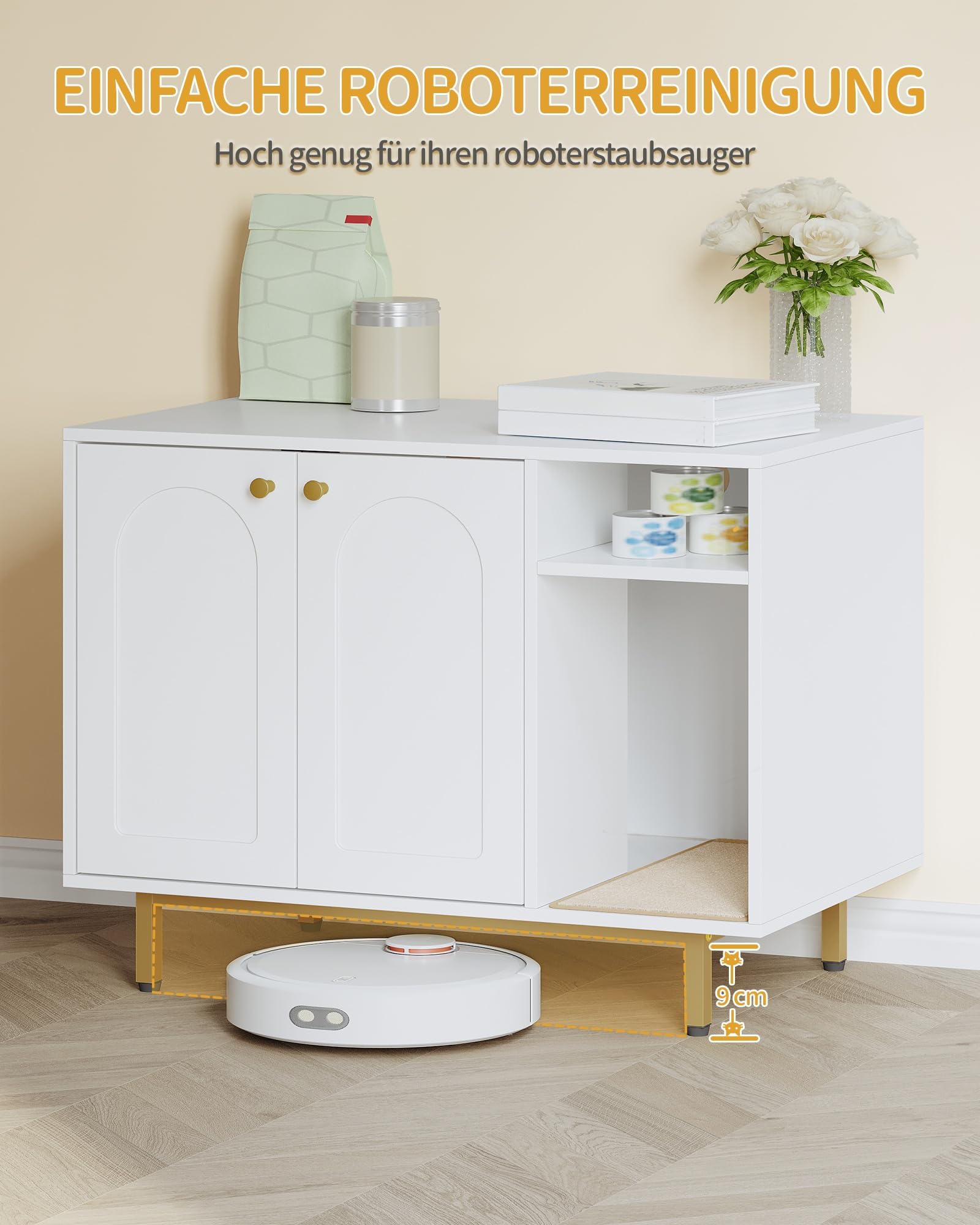 Hzuaneri Katzenschrank, Katzentoilette, Katzenklo Schrank, Katzenhaus mit Tür und separater Trennwand, 80 x 50 x 61 cm, Stabile Katzenschrank, Sitzbank, Weiß und Gold 01503GCLB