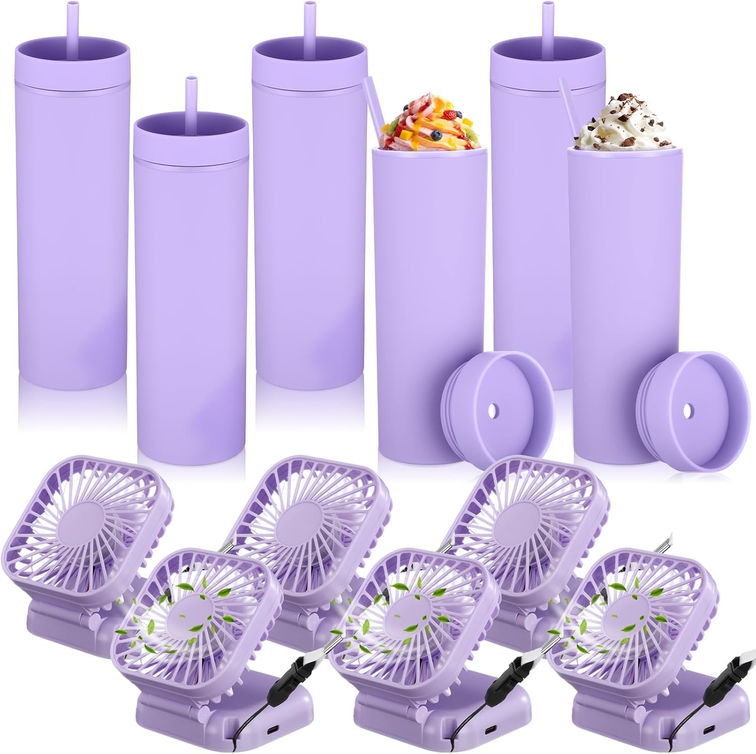 Reallnaive 12 Pcs Skinny Tumbler Bulk and Mini Portable Fans Set for Summer, 16 oz Plastic Cups with Lids Straws and Small USB Rechargeable Handheld Fan for Cooling Gift (Purple)