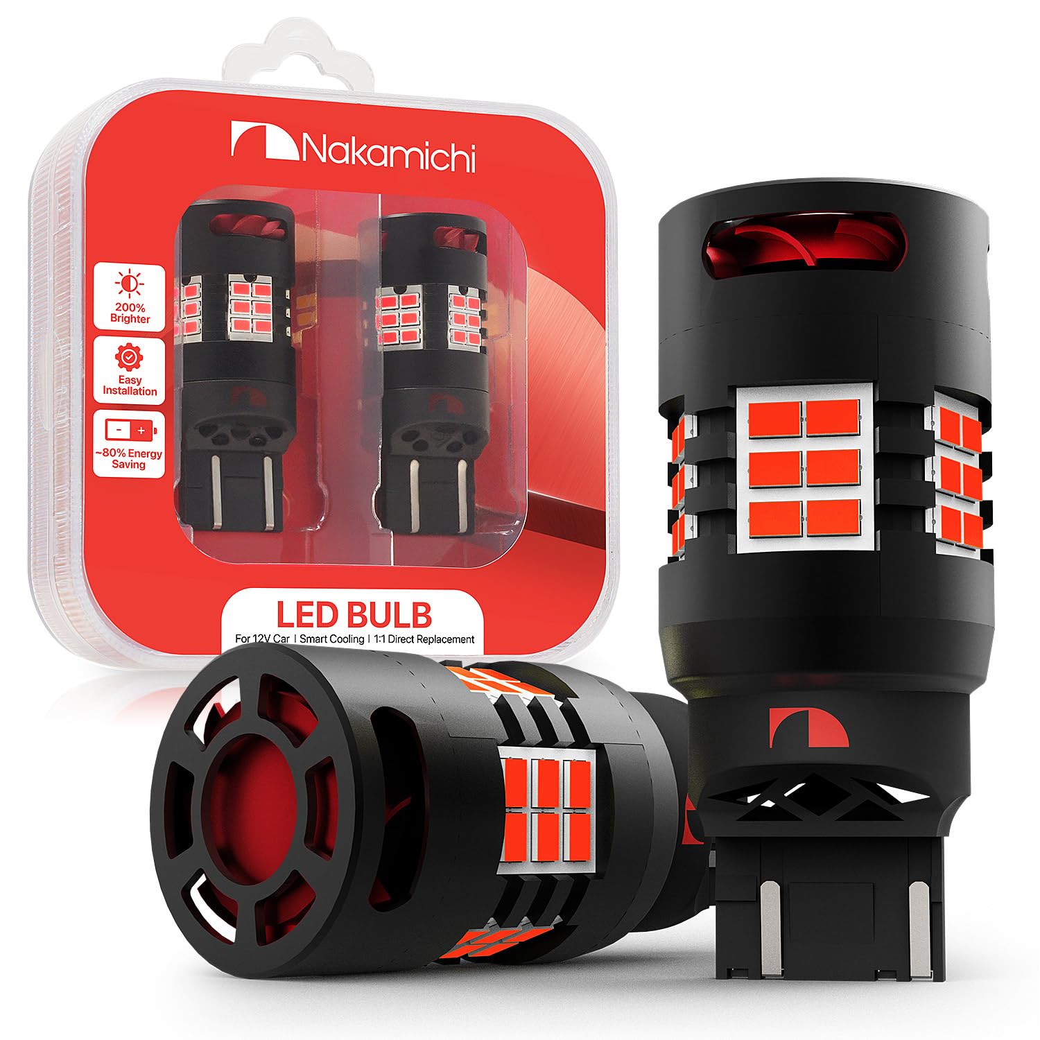Nakamichi T20 7443 7441 7444 (W21/5W) Car LED Bulb 30-SMD 3020 Chip with Canbus Error-Free 12,000 RPM Fan for Brake Turn Signal Indicator Reverse Backup Tail Light (Monza Red, 30 LEDs, Pack of 2)-image-43