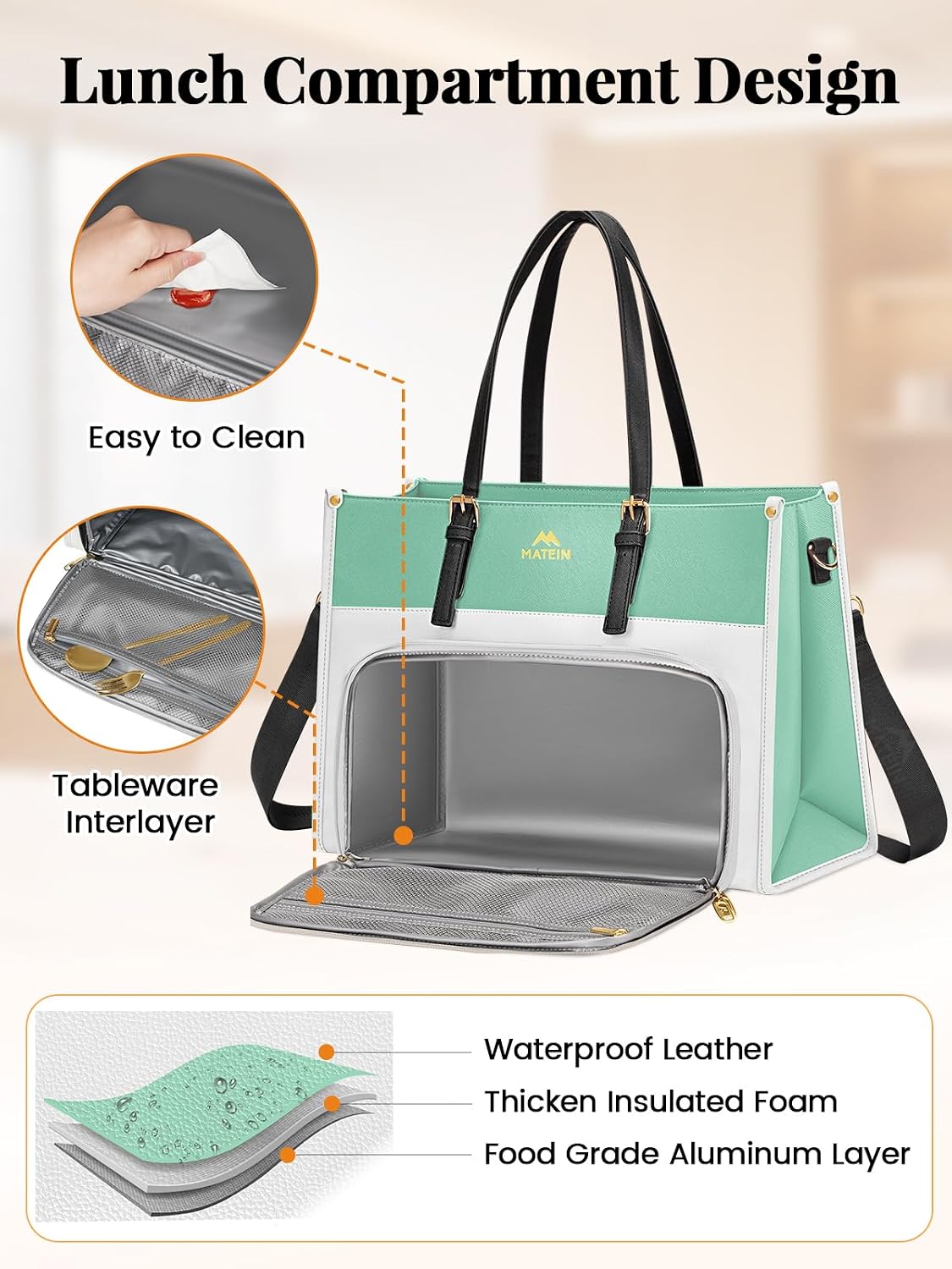 MATEIN Tote Lunch Bag for Women, 15.6 Inch Laptop Tote with Larger Insulated Lunch Compartment for Teacher, Nurse, Water Resistant Large Computer Handbag with Purse for Picnic, Casual, 2 Sets, Green