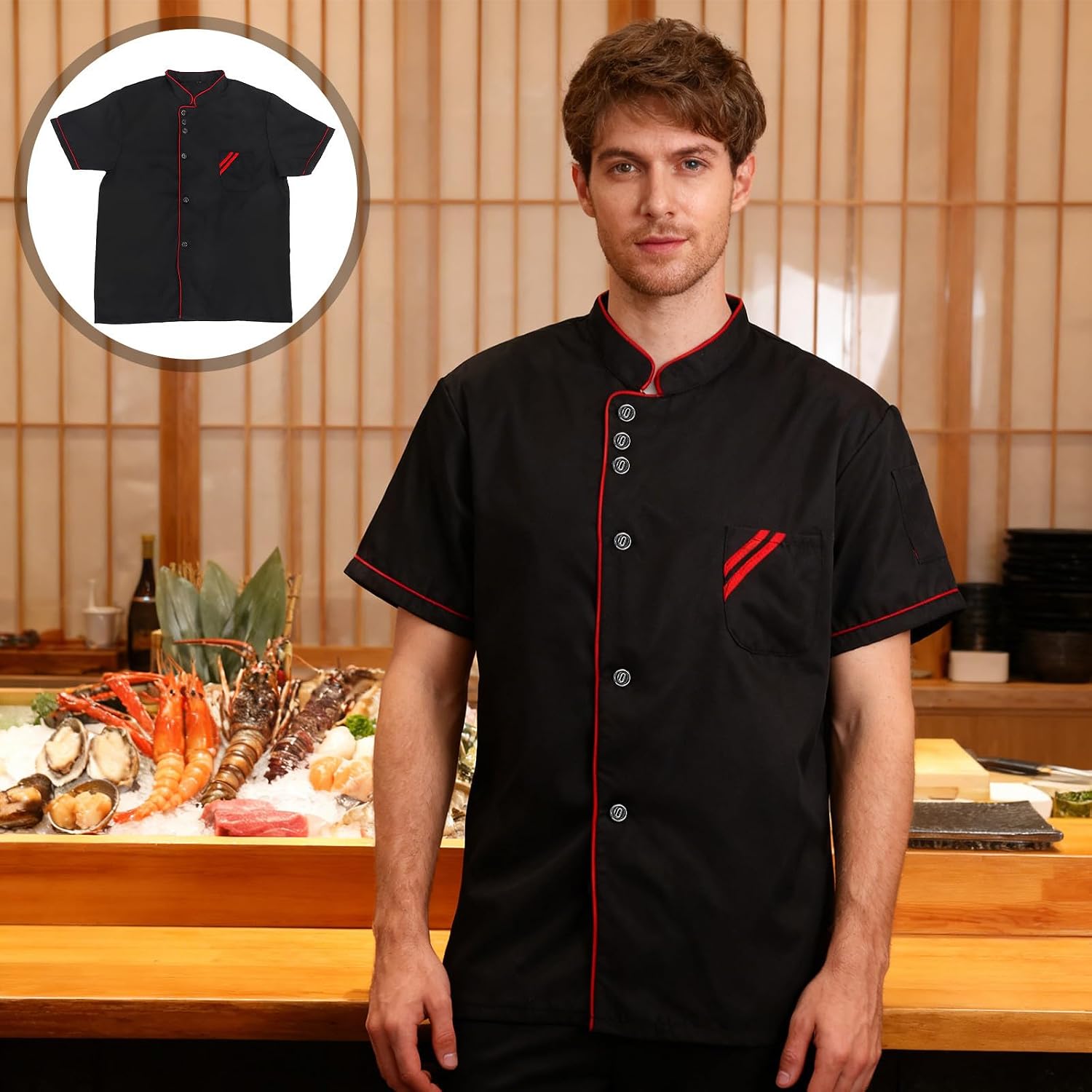 Black Chef Jacket Short Sleeve Polyester Uniform for Restaurant Work
