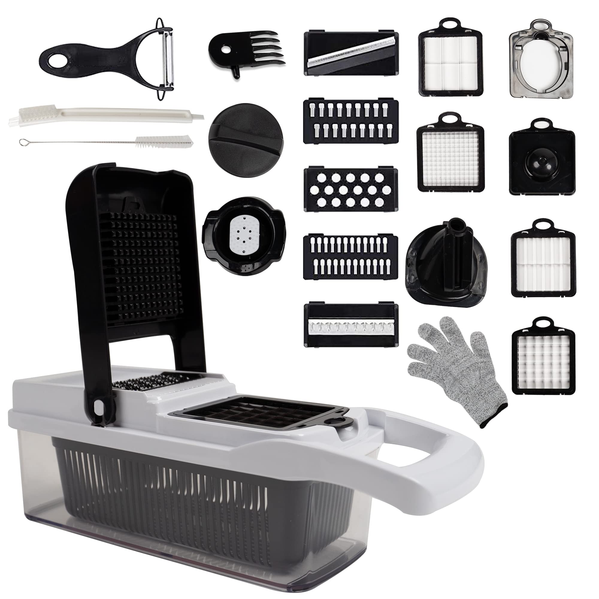 22-in-1 - Vegetable Chopper With Container - Kitchen Slicer Vegetable Cutter, Food Chopper With Container, Heavy Duty Cut Resistant Glove & Cleaning Brushes, Vegetable Dicer For Chopping Salad - White