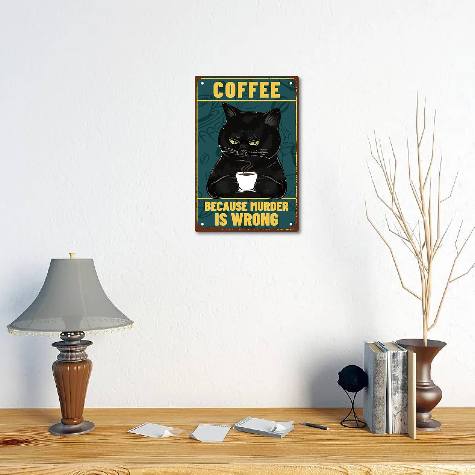 WADORN Cartello Metallico Vintage Black Cat Coffee – Targa Divertente Con Scritta 'Caffè Perché L'Omicidio È Sbagliato', 20x30 Cm, Per Cucina, Bar O Ufficio