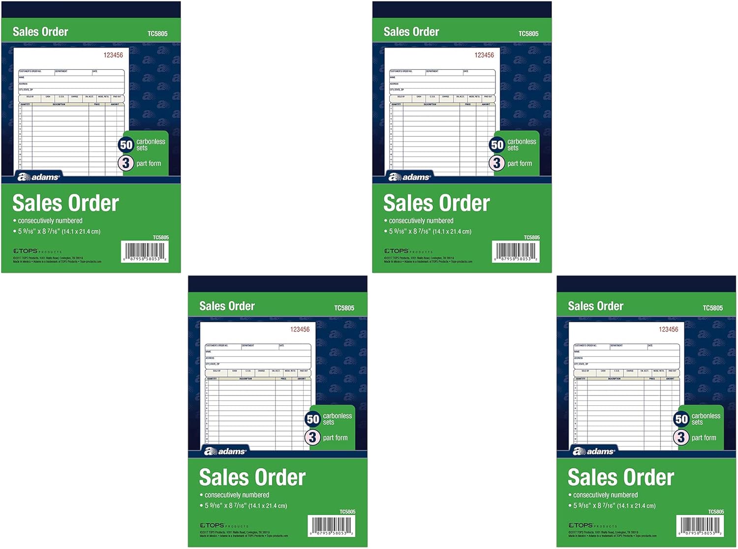 Adams Sales Order Book, 3-Part Carbonless, White/Canary/Pink, 5-9/16" x 8-7/16", 50 Sets (TC5805), 4 Pack (50 Sets)