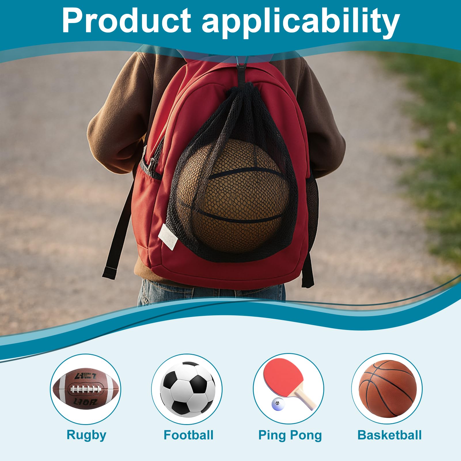 Bolsa Red para Balón de Malla Negra con Mosquetón para Baloncesto, Voleibol, Fútbol y Balonmano