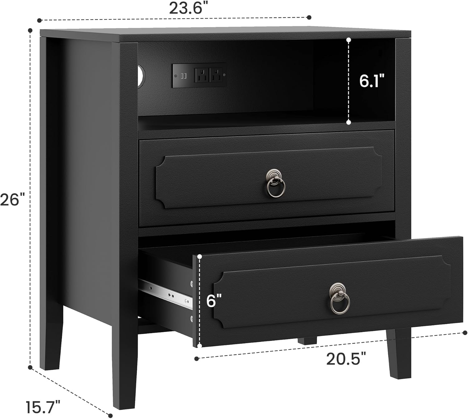 Modern Transitional Black Nightstand with Charging Station, 26 Inch Tall Bedside Table with 2 Drawers, Open Shelf, USB Ports & Outlets for Bedroom or Apartment