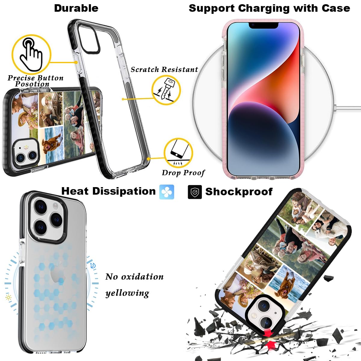Custom Case for iPhone 16 15 14 13 12 11 10 Pro Max Plus Mini X XS XR SE 8 7 6 6s Personalized Photo Name Customized Collage Pictures Image Text Impact Shockproof Stylish Soft Cover Shell