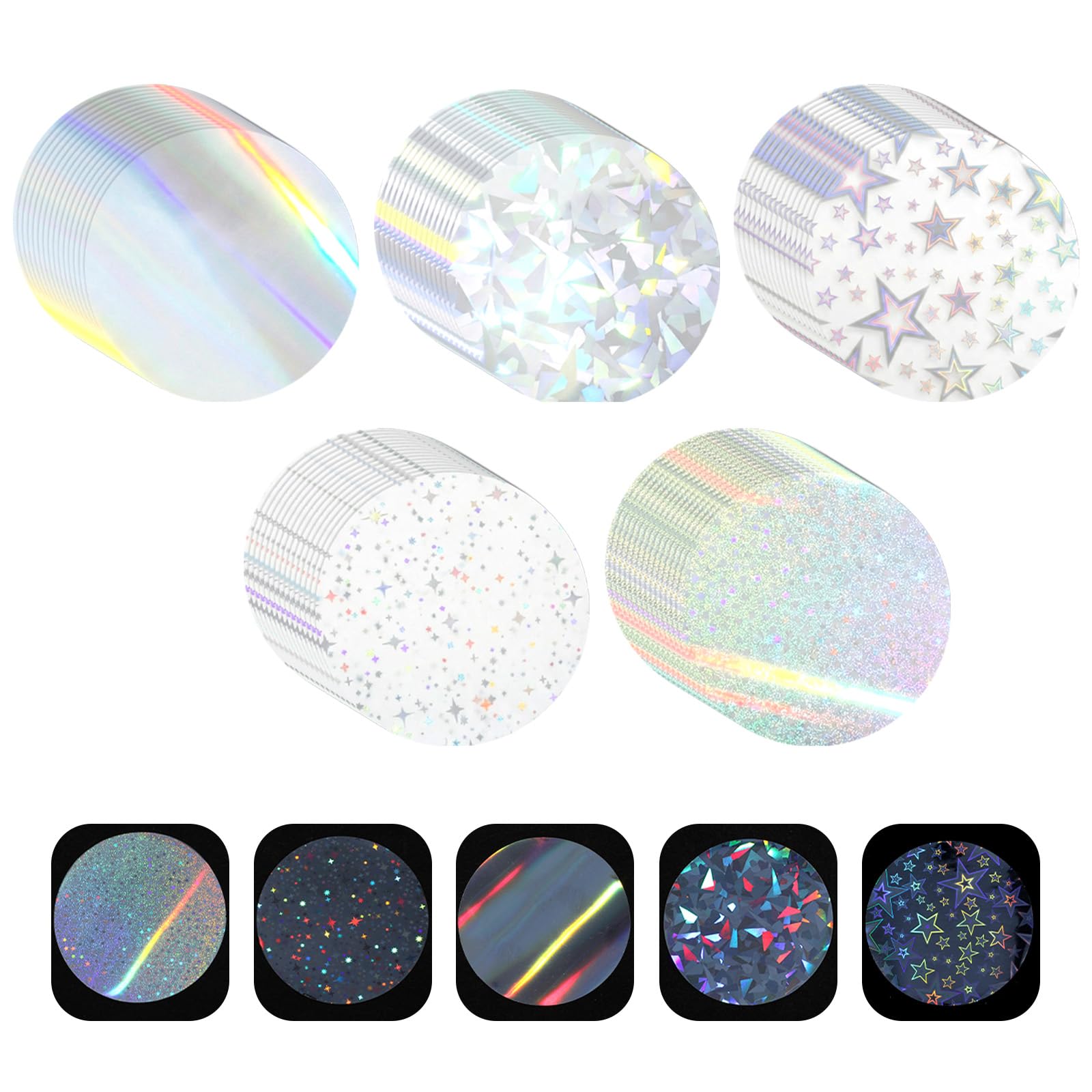 Nogeqi 100 Pcs Badge Protective Film 70mm (2.76in), 5 Styles of Holographic Glitter, Badge Film for 58mm Button Maker Machine, Button Making Supplies & Pin Maker Supplies