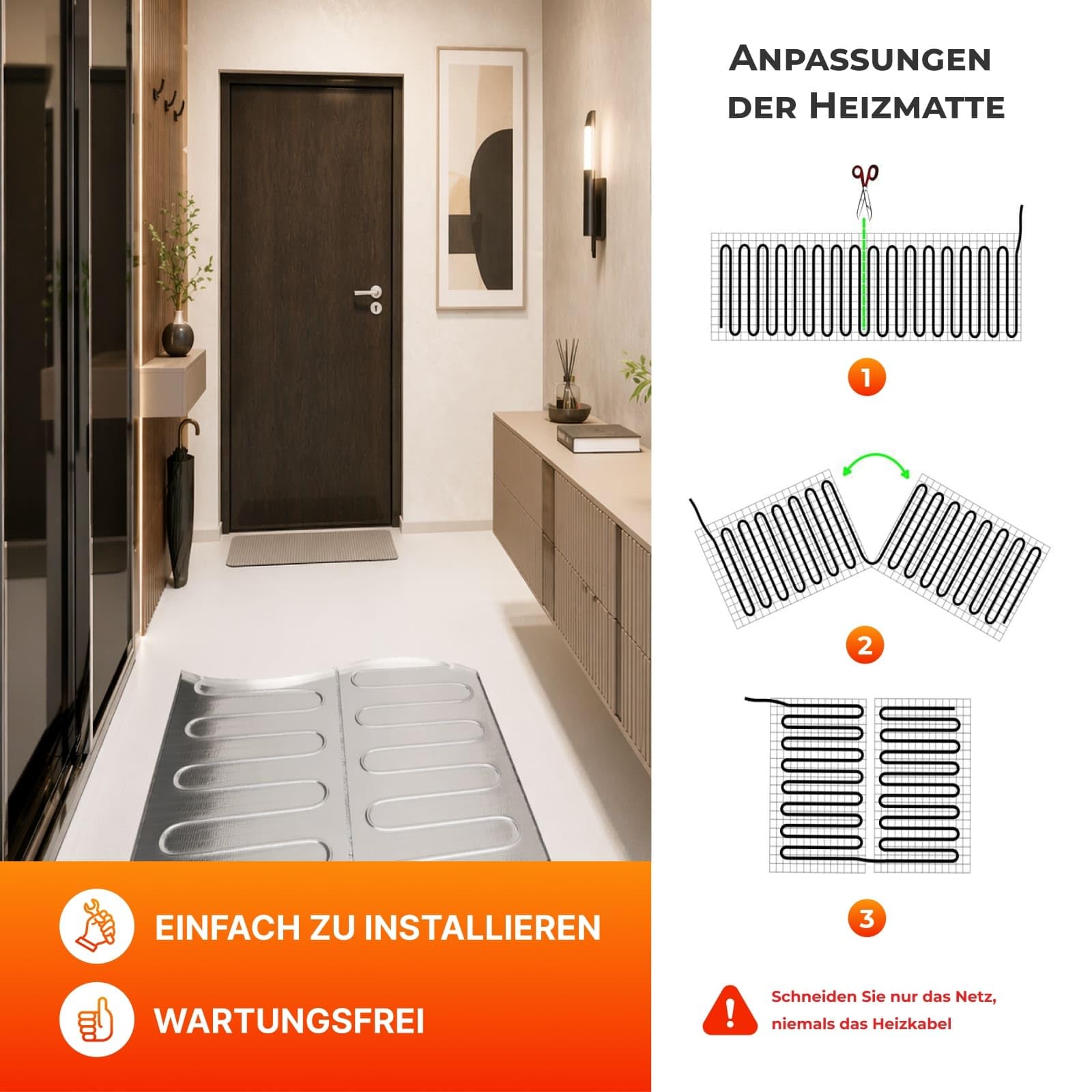 Elektrische Fußbodenheizung für Laminat: Heizmatte WARMON ALU 150 W/m² inkl. Touch WiFi Thermostat(25A), Thermostat:TS 500 WiFi Schwarz, Mattengröße:14 m² - 2 Stk (8+6 m²)