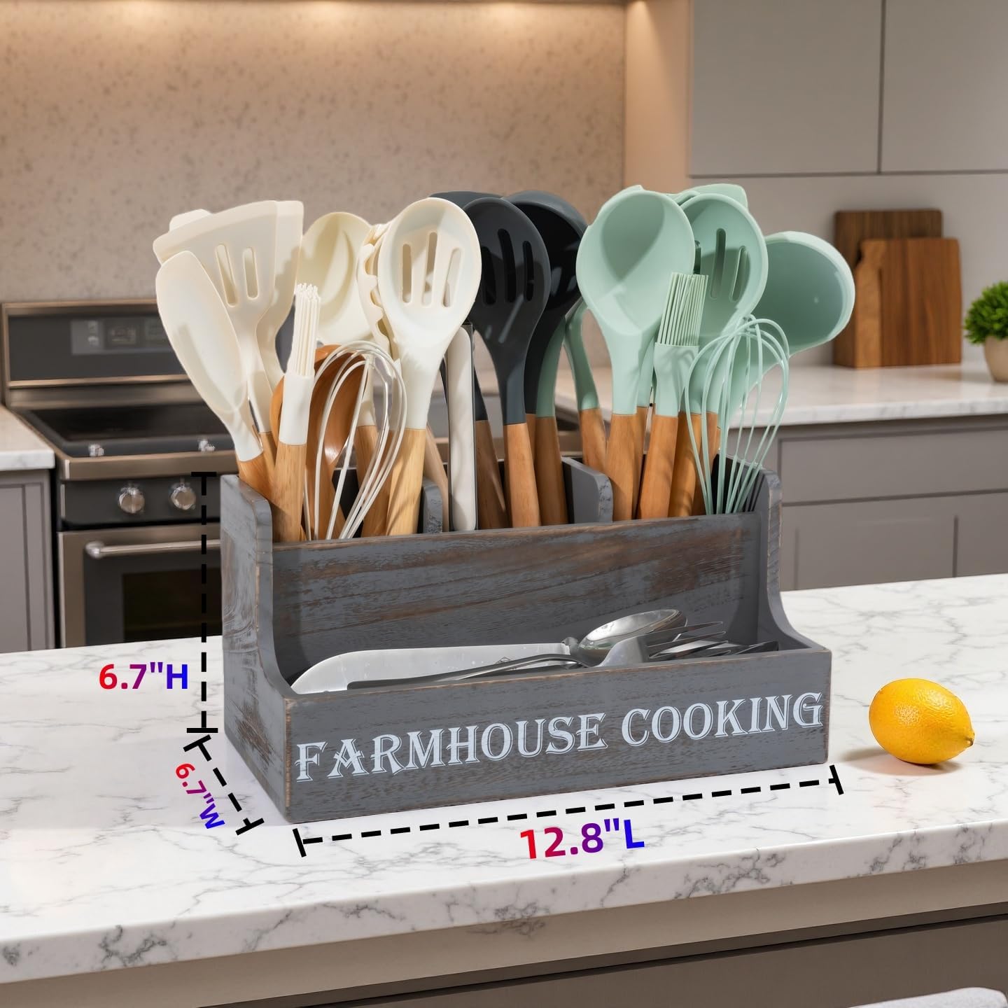 LIBODOUR Kitchen Utensil Holder, Utensil Holder For Kitchen Counter,Extra Large Cooking Spatula Organizer,Farmhouse Wooden Big Storage Rustic Flatware Spoon Tool Organizer