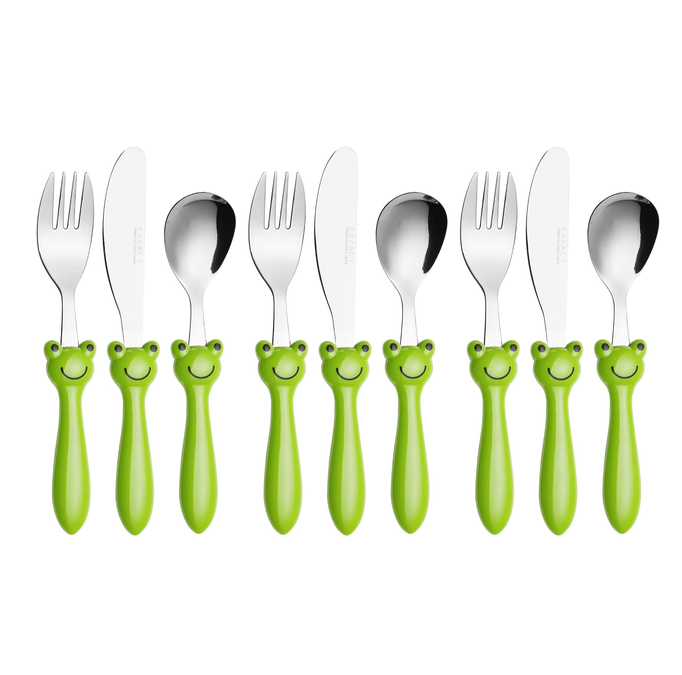 Exzact Children's Cutlery Stainless Steel 9pcs/ Kids Cutlery/Toddler Flatware - 3 x Forks, 3 x Dinner Knives, 3 x Spoons - BPA Free - Dishwasher Safe (Frog x9)