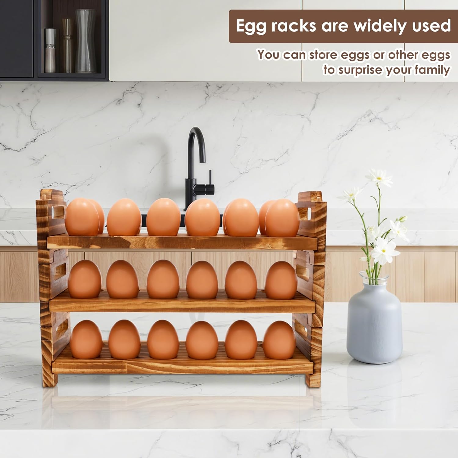 3 Tier Solid Wooden Egg Holder for 36 Eggs, Solid Stackable Collecting Rack Holding Up to 36 Fresh Egg for Home Kitchen Cabinet Fridge(wood color)