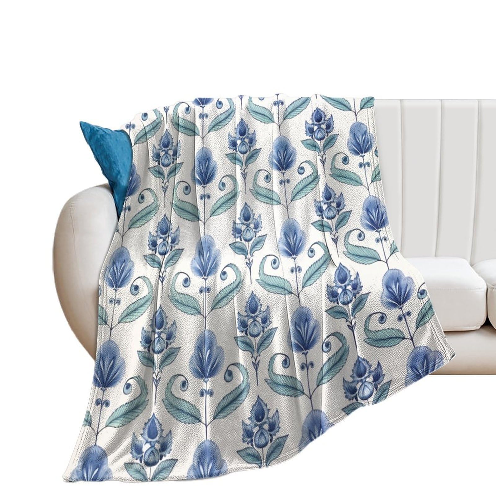 Couverture polaire douce pour canapé et voiture à motif floral bleu