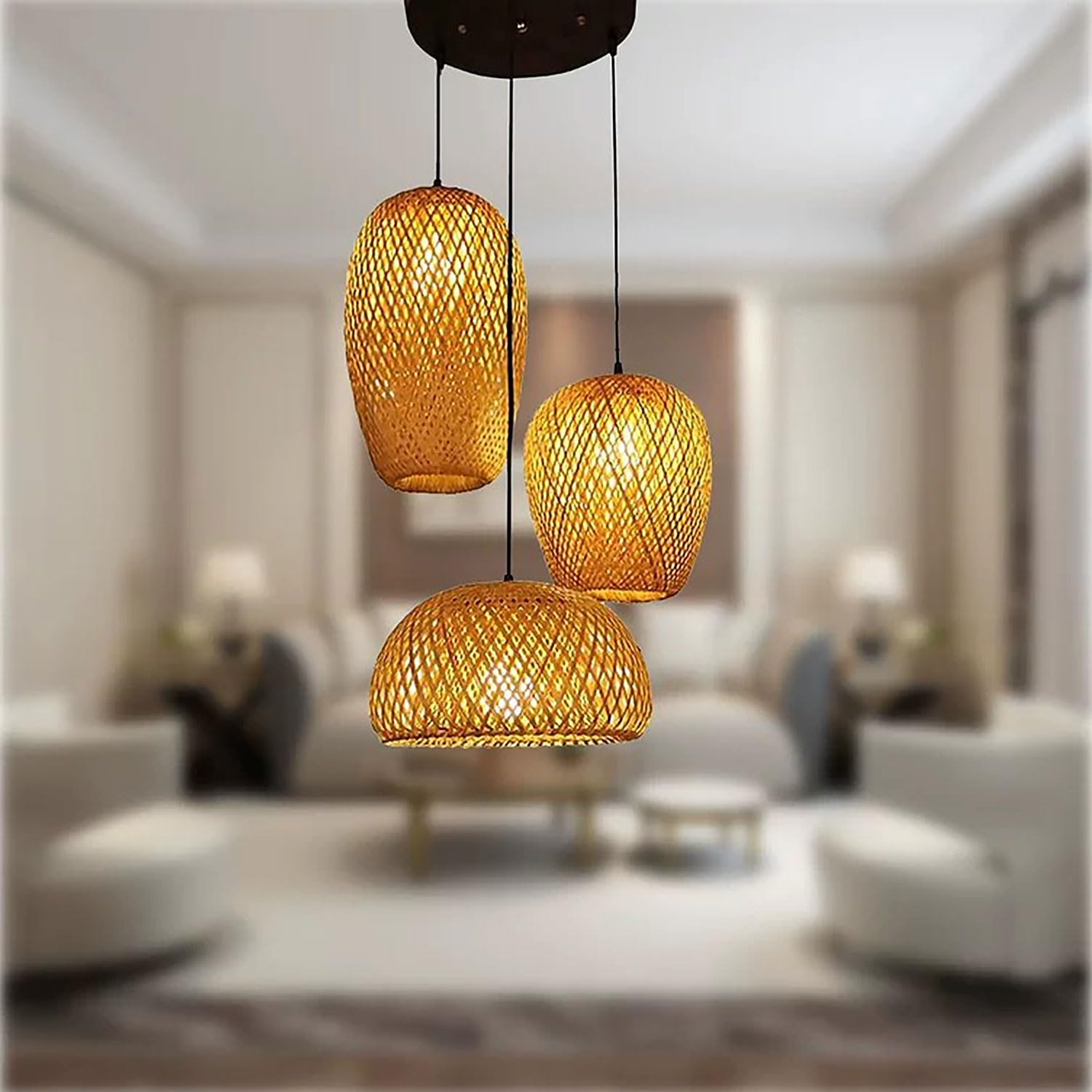 Wisząca Lampa Z Bambusowego Plecionki 3-Światła, Ręcznie Wykonany Żyrandol Konopny Kula, E27 Vintage Industrialna Lampa Wisząca Do Wyspy Kuchennej Jadalni Salonu(Circular disc)