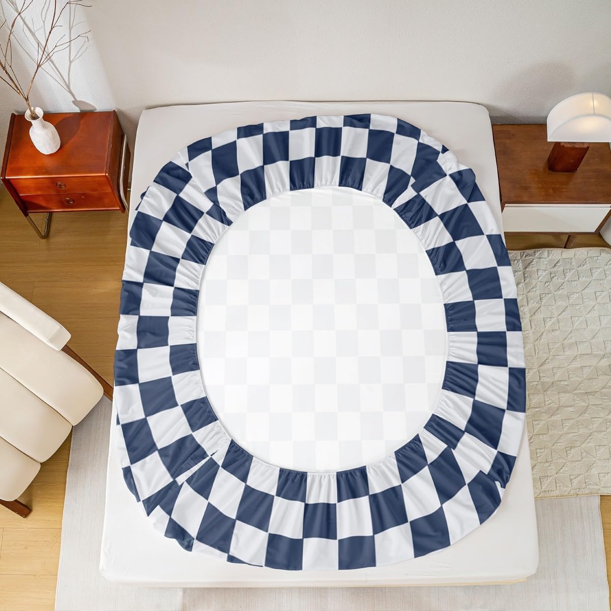 Gird Printed Fitted Sheets Full Size,Navy Blue Plaid Bedding Set 3Pcs for Kids Boys Teens Men Room Decor,Modern Geometric Check Deep Pocket Sheet Lightweight Soft Bed Cover,2 Pillowcases