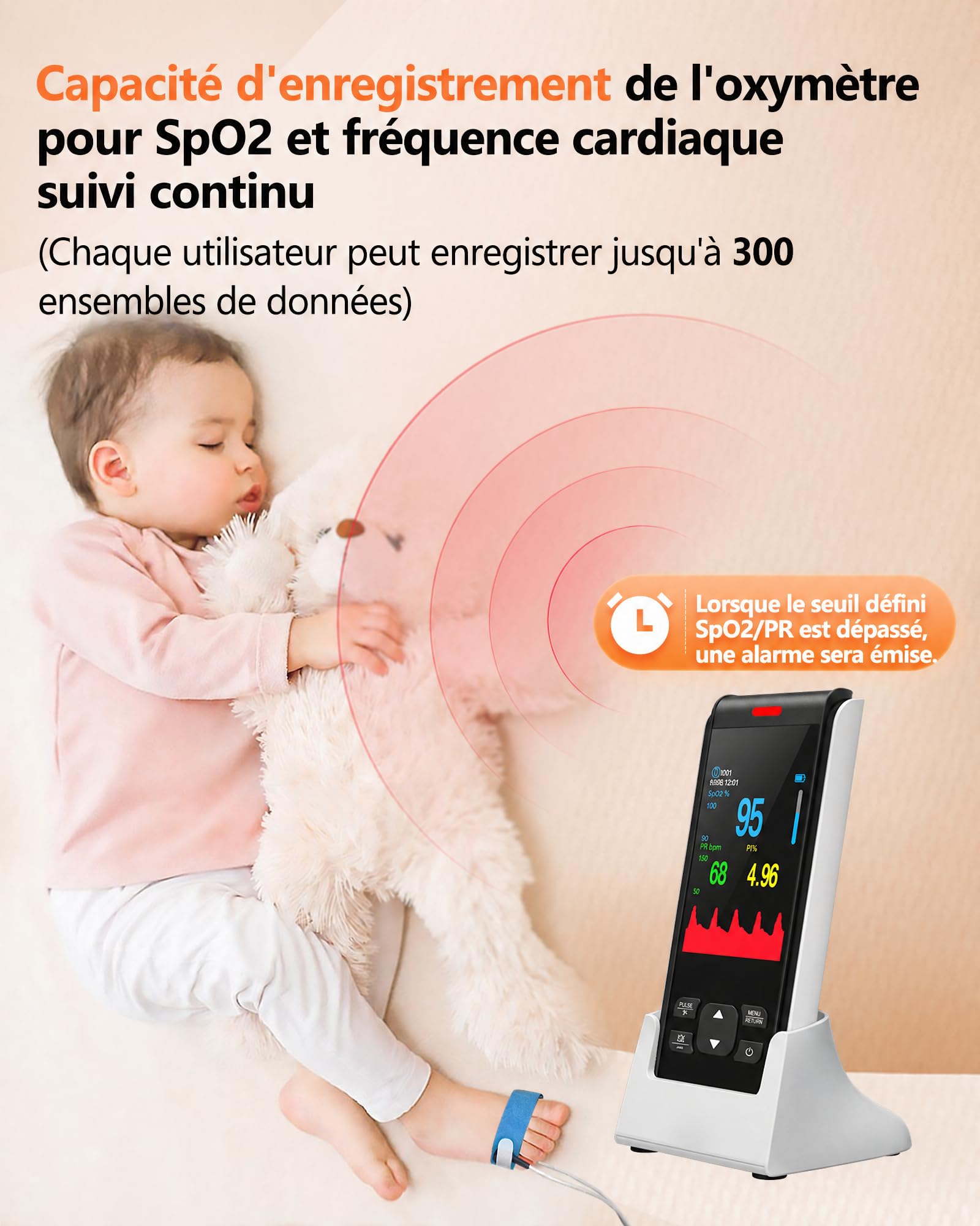 HealthTree Oxymètre de Pouls pour Bébé, Saturometre Pied avec Bluetooth App | Surveillance Intelligente de la Saturation en Oxygène du Sang et Fréquence Cardique, avec Alarme, Rechargeable Suivi Sommeil
