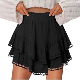 Flowy Shorts for Women Dress Chiffon Ruffle High Waist Pleated Boho Casual Shorts Swing Beach Mini Pants for Golf