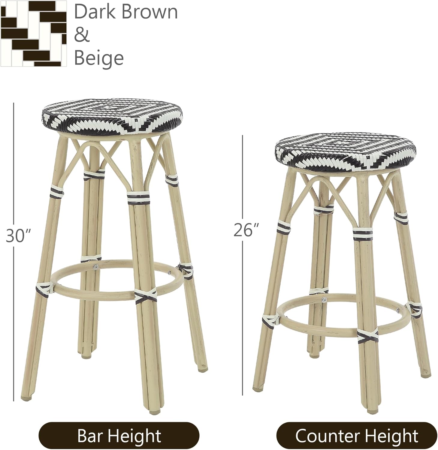 24/7 Shop at Home Seadrift Boho 26-inch Aluminum and All-Weather Wicker Barstools with Footrest, Patio Stools & Bar Chairs for Outdoor, Kitchen Counter, Poolside, Yard, Set of 2, Dark Brown and Beige