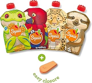 SQUIZ - 4 Swiss-Made Pack Reusable Food Pouches 4,4 oz (130ml) - Refillable Squeeze Food Storage for Baby, Toddler and Kid...