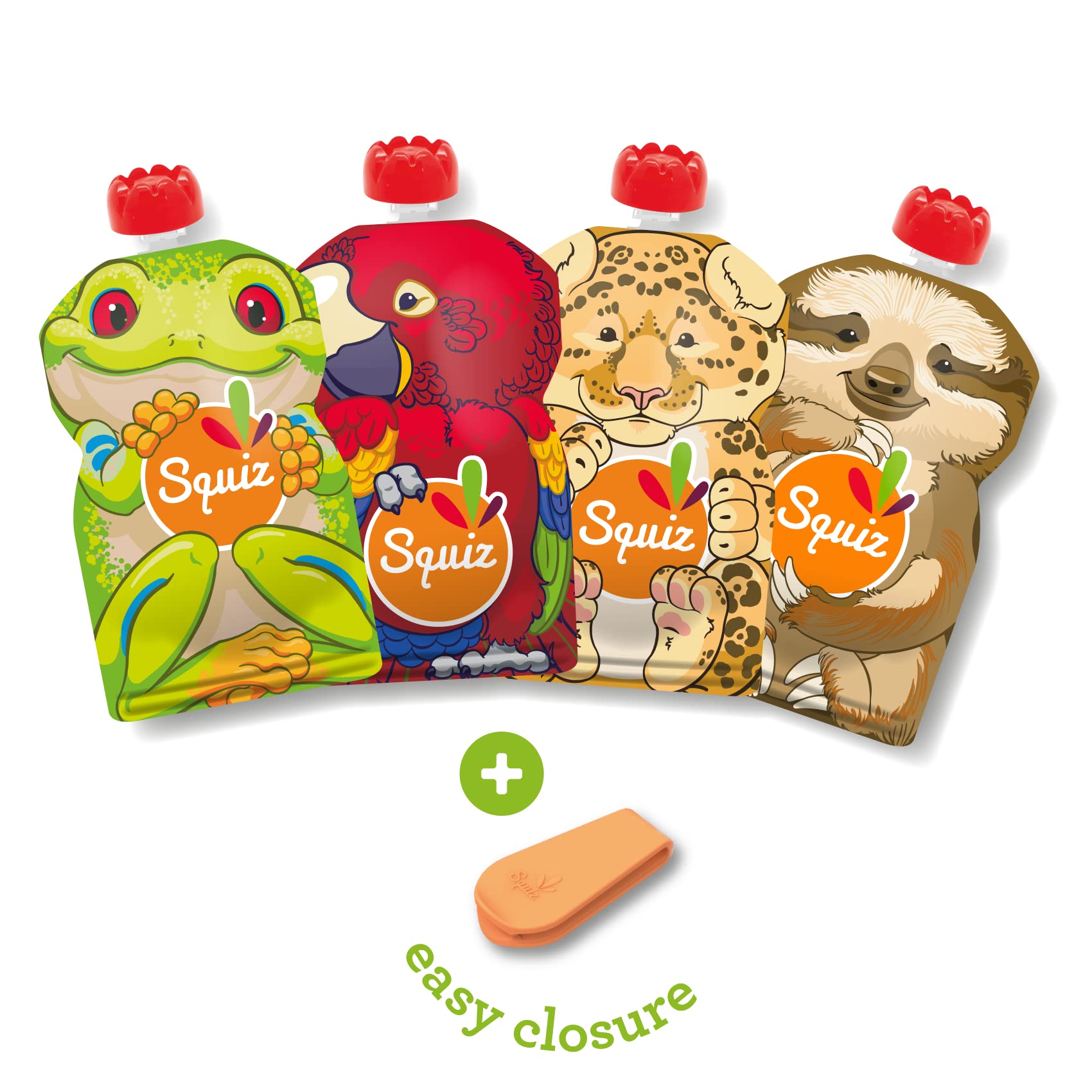SQUIZ - FRENCH COMPANY - Pack of 4 refillable and reusable bags 130 ml BPA free - For compotes, purees and smoothies - For babies, children and adults - AMAZONIA Collection - SWISS MANUFACTURED