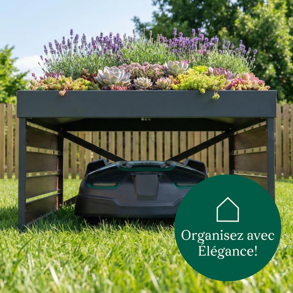 CASABEL Abri Robot Tondeuse en Acier Galvanisé, Toit Bac à Plantes | Protection contre les intempéries, Acier galvanisé robuste, Bac à plantes intégré, Abri universel, Effet bois, Montage facile