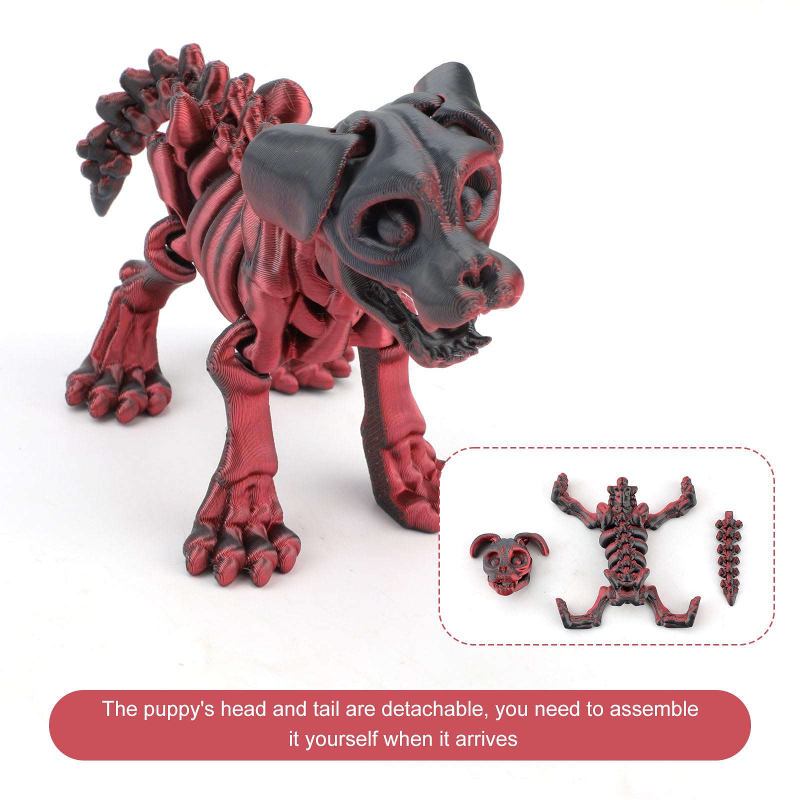Gosknor 3D Printed Dog, PLA 3D Printed Dog Skeleton Detachable 3D Printed Flexible Fidget Animals for Home Office Decoration Stress Alleviation Toy (Red, Black) - Image 3
